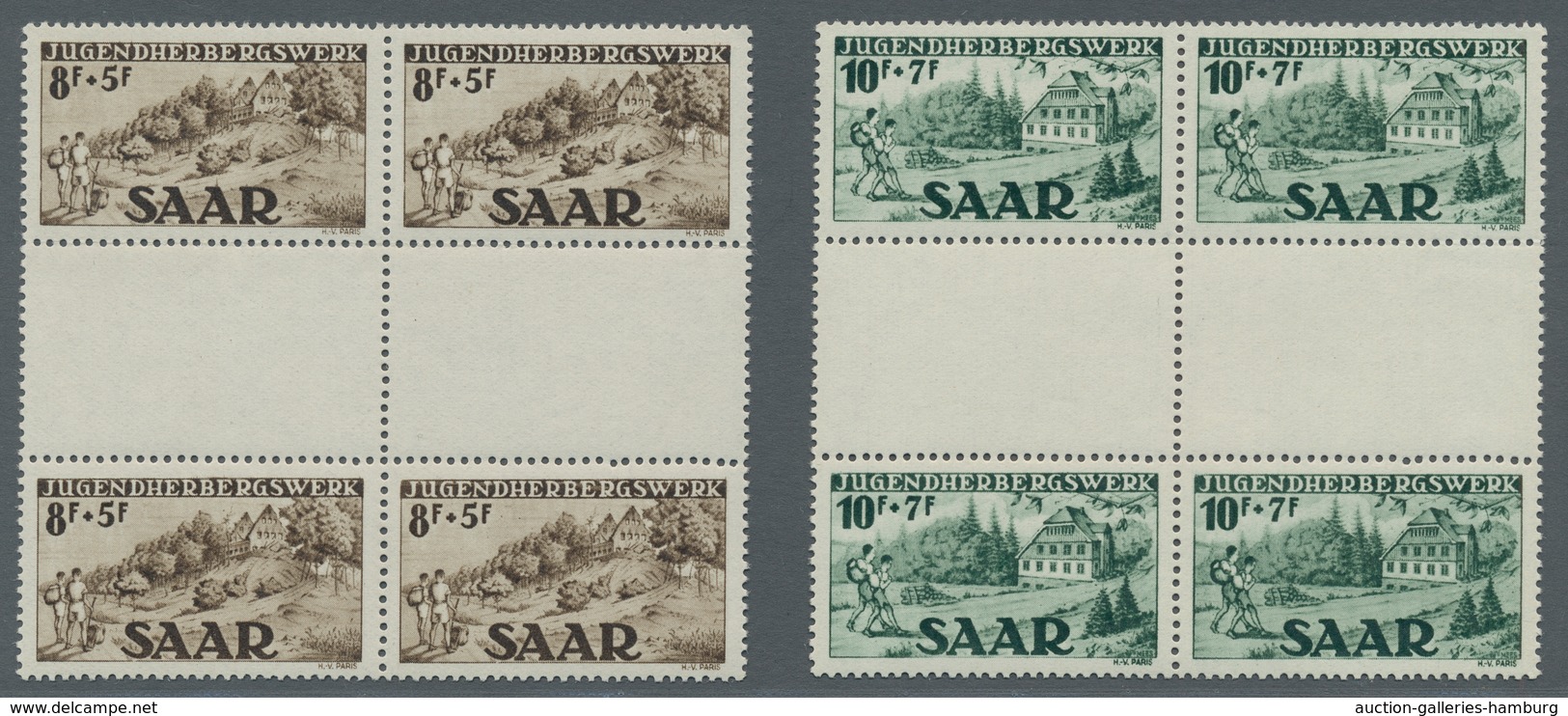 Saarland (1947/56): 1949, "Jugendherbergswerk", Eckrandviererblocksatz Mit Druckdatum Mit Falz Im Ra - Unused Stamps