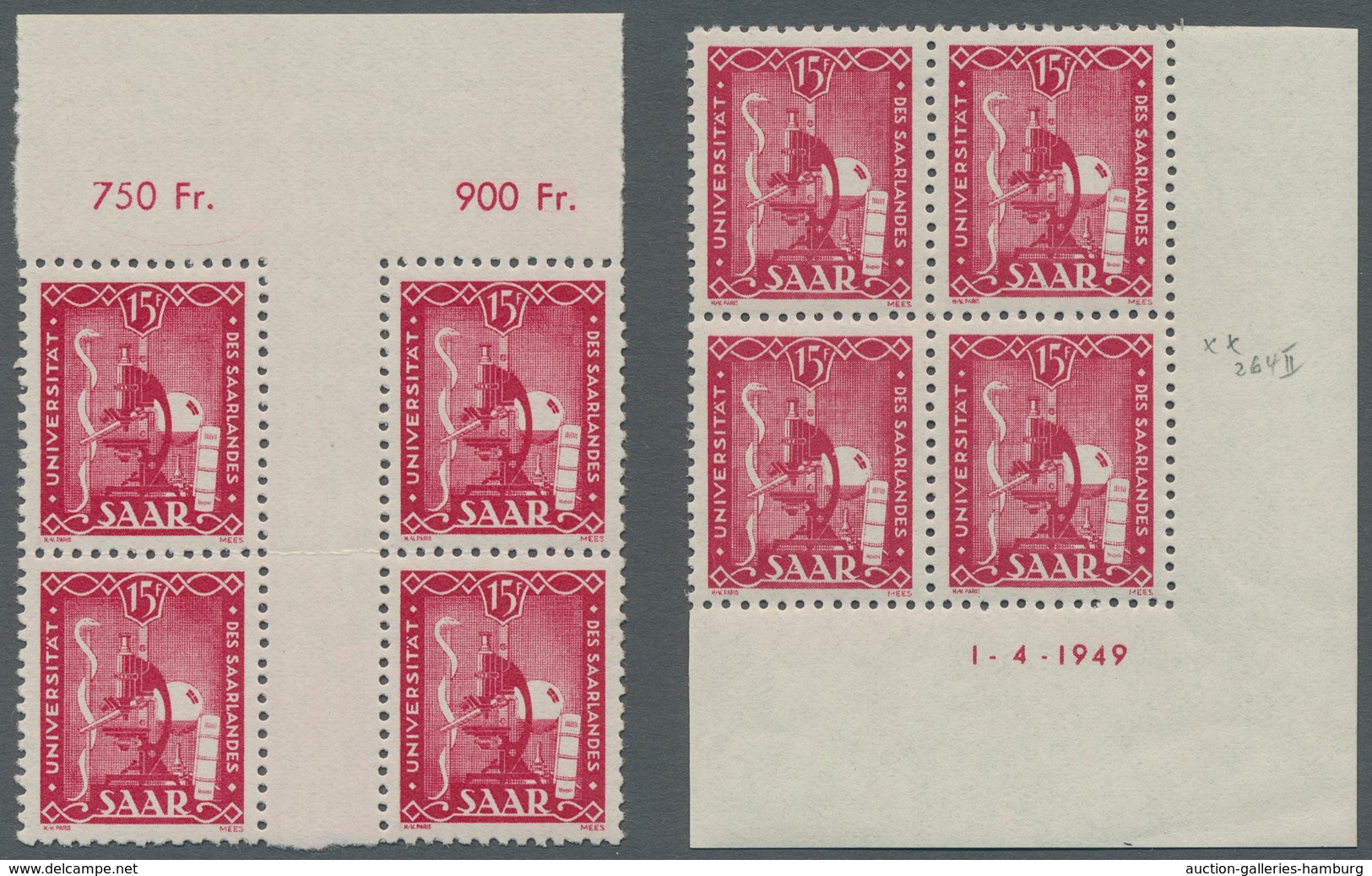 Saarland (1947/56): 1949, "Uni Saar", Postfrischer Eckrandviererblock Mit Druckdatum Sowie Oberrand- - Unused Stamps