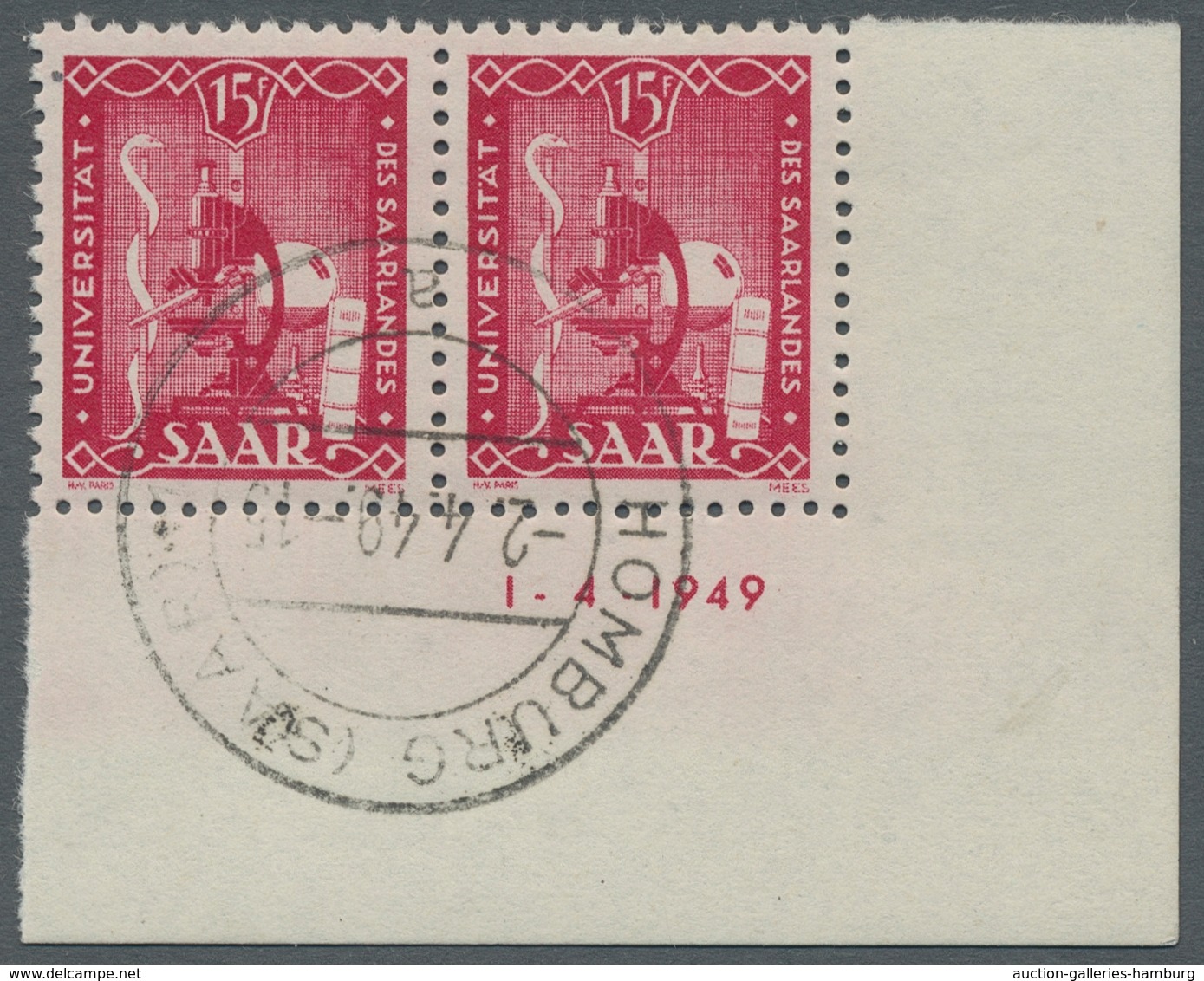Saarland (1947/56): 1949, "Uni Saar", Gestempeltes Eckrandpaar Mit Druckdatum (gepr. Hoffmann BPP) S - Unused Stamps