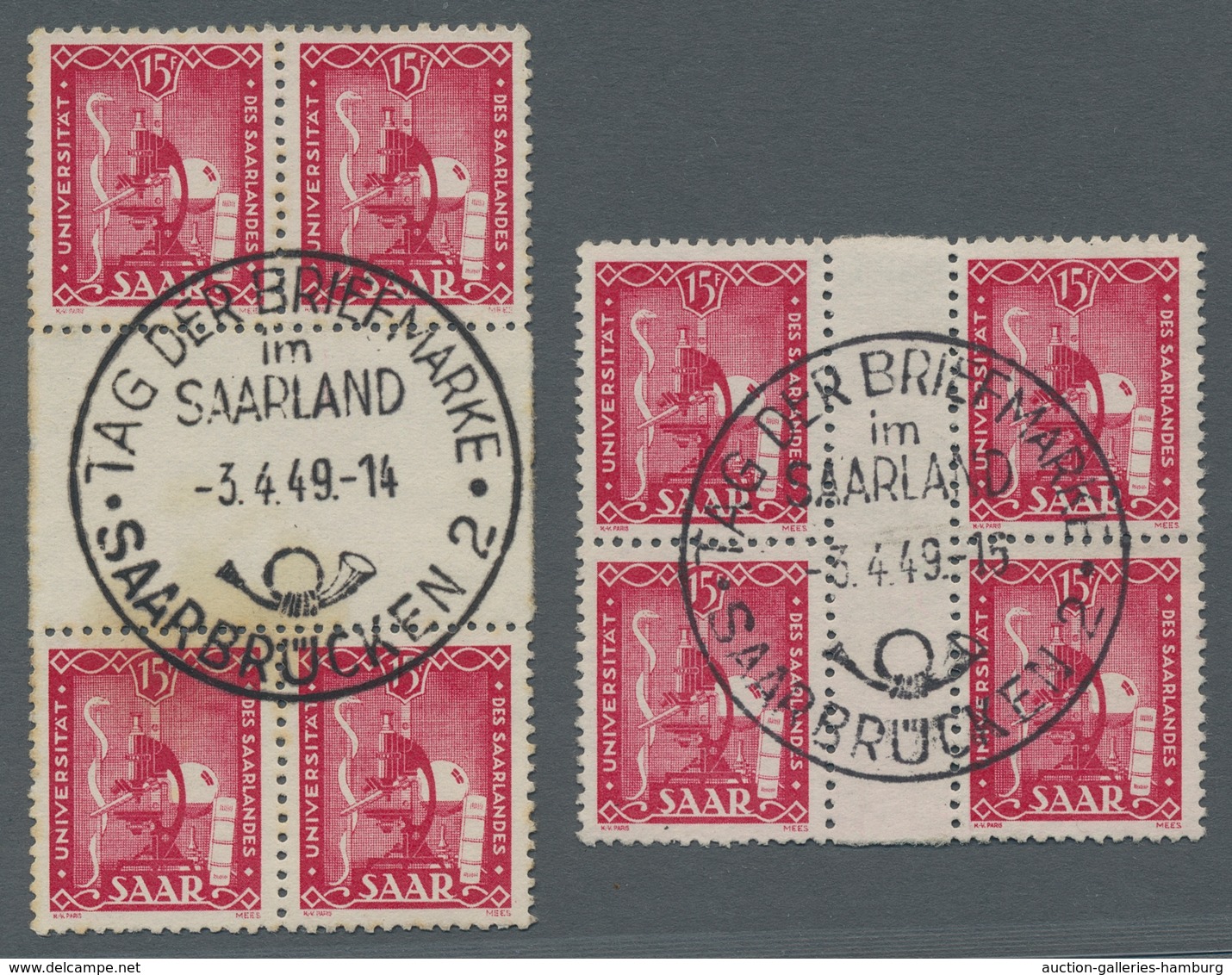 Saarland (1947/56): 1949, "Uni Saar" Zwei Viererblocks Je Mit SST Und Zweimal Zwischenstegpaar, Sehr - Unused Stamps