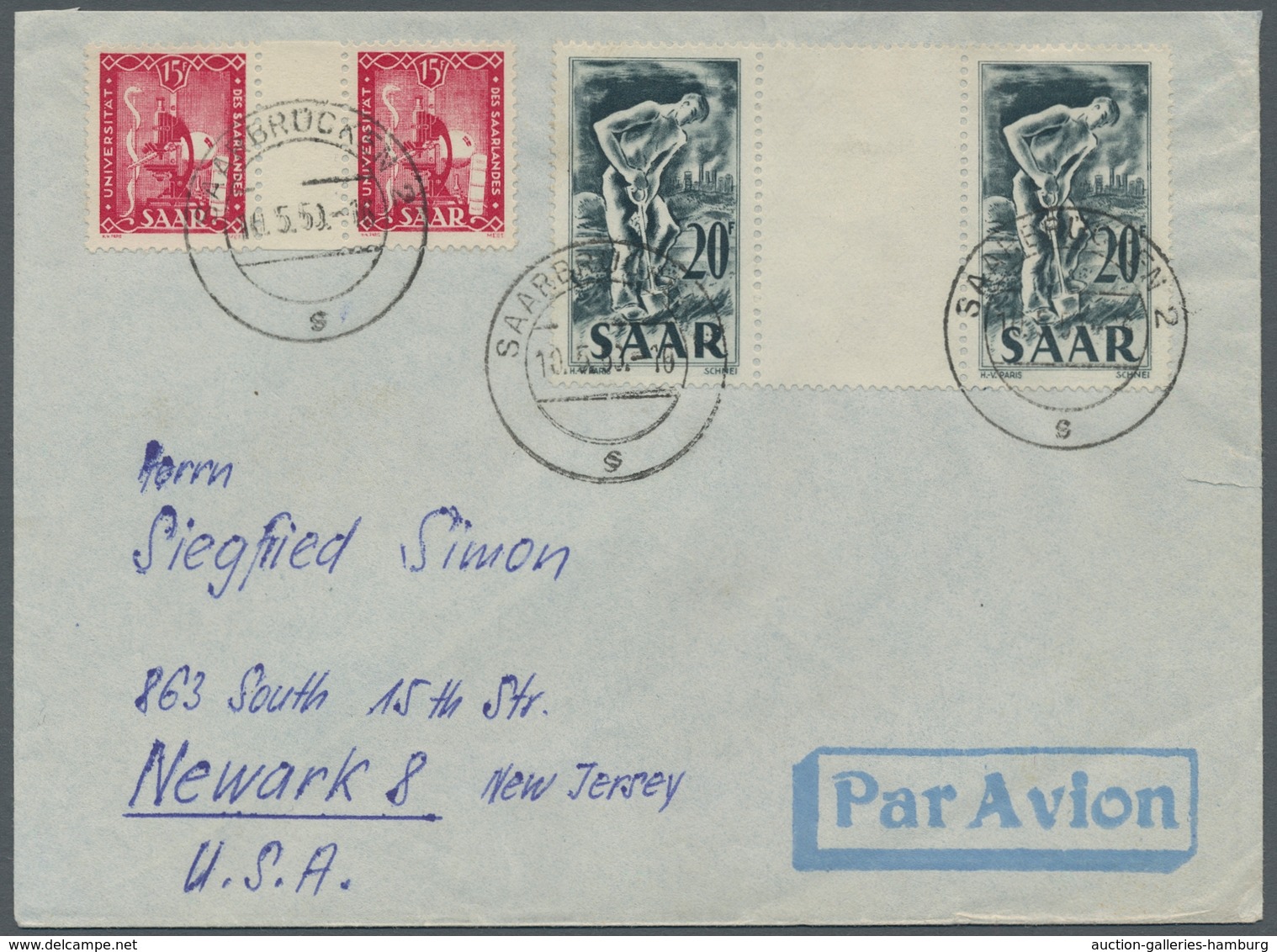 Saarland (1947/56): 1949, "Uni Des Saarlandes Und 20 Fr. Saar IV Als Zwischenstegpaare" Auf Flugbrie - Unused Stamps