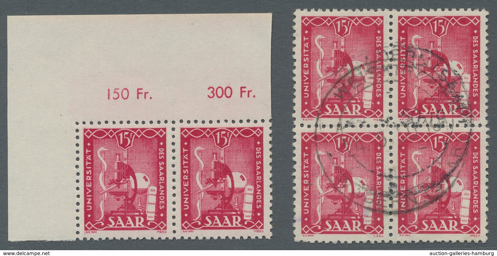 Saarland (1947/56): 1949, "Uni Saar Mit PLF II", Postfrisches Eckrandpaar Und Gestempelter Viererblo - Ungebraucht