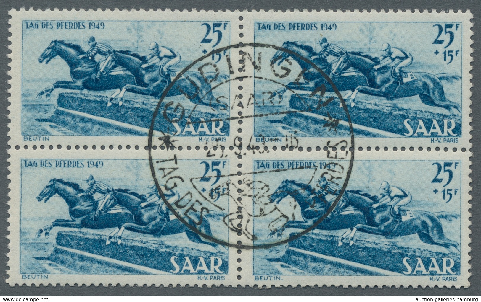 Saarland (1947/56): 1949, "Tag Des Pferdes", Zentral Mit ESST Gestempelter Viererblocksatz In Tadell - Ungebraucht