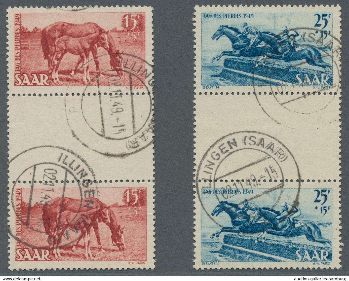Saarland (1947/56): 1949, "Tag Des Pferdes Als Zwischenstegpaare", Sauber Gestempelter Satz In Tadel - Unused Stamps