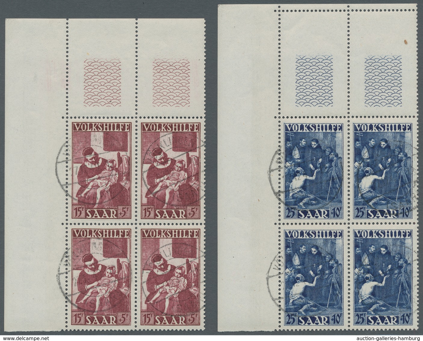 Saarland (1947/56): 1949, "Volkshilfe", Eckrandviererblocksatz Oben Links Mit Je Wert Zentralem VÖLK - Unused Stamps