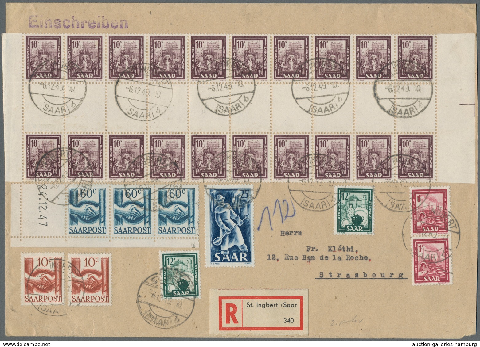 Saarland (1947/56): 1949, "10 C. Saar IV Als Zwischenstegpaar", Komplettes Bogenteil Mit Zehnmal Zwi - Unused Stamps