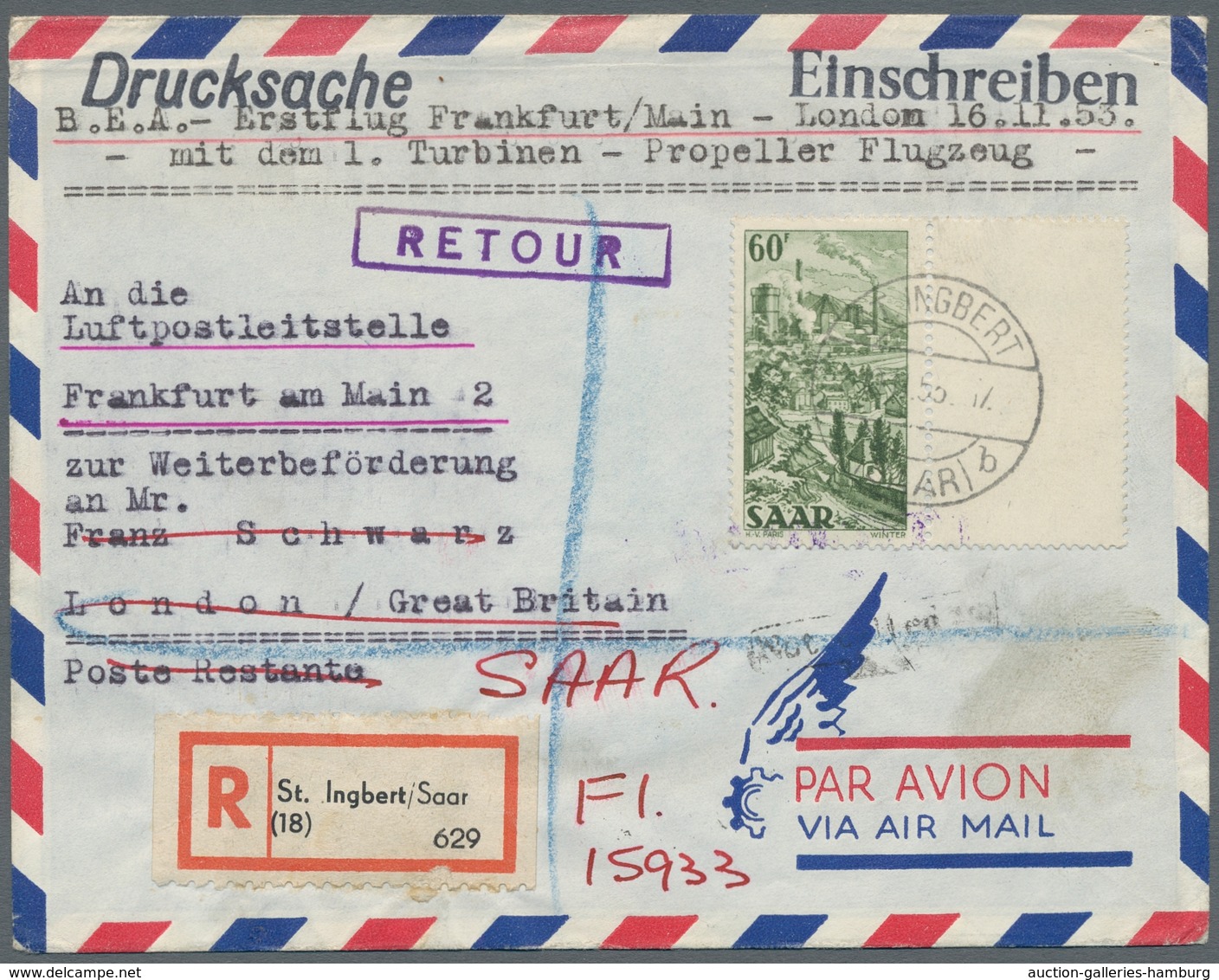 Saarland (1947/56): 1953, Luftpostbrief Und -karte Mit Guten Frankaturen (100Fr + 18 Fr Bzw. 60 Fr A - Unused Stamps