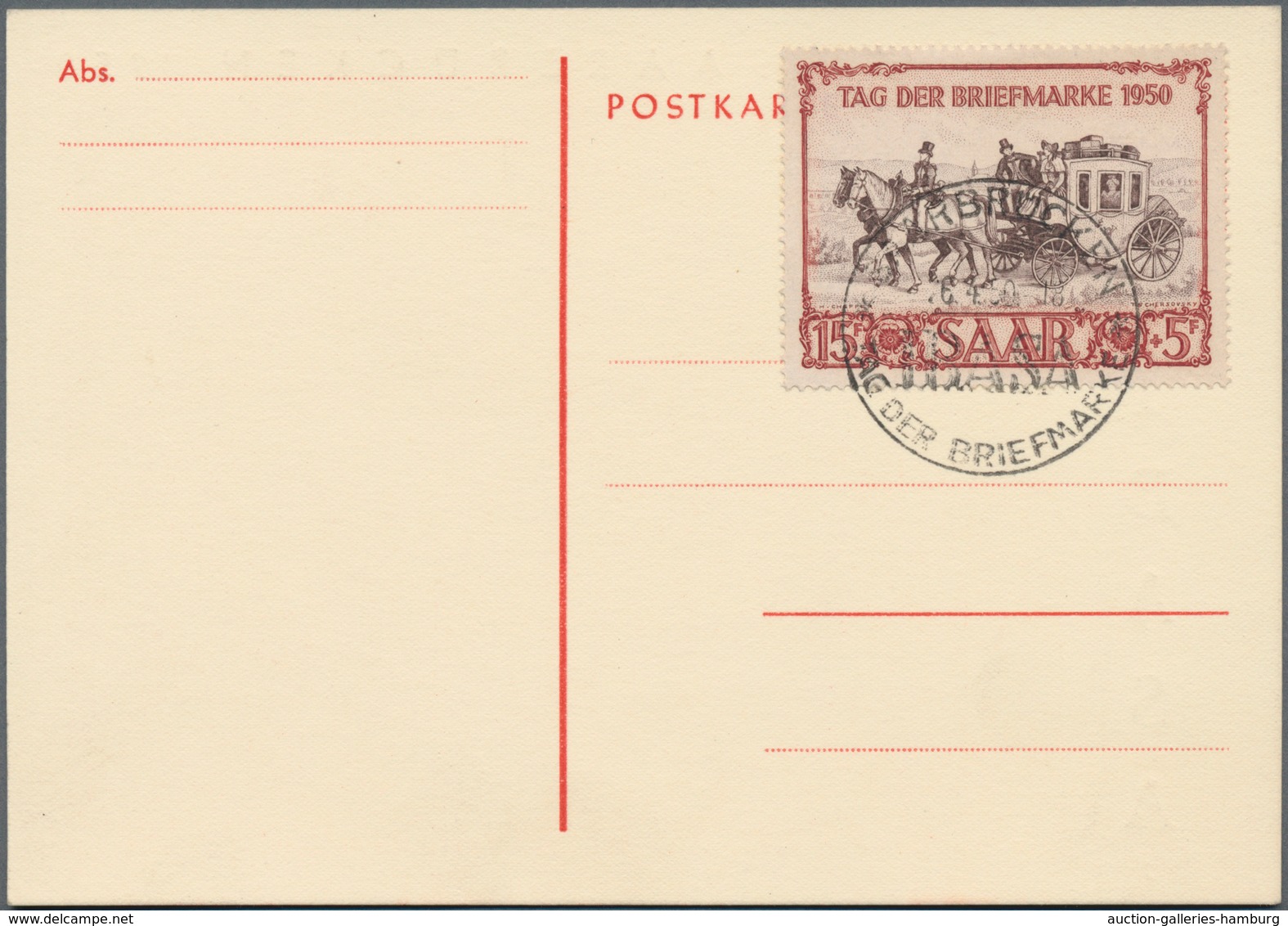 Saarland (1947/56): 1949/1950, 15+5 Fr "IBASA" auf Maxikarte mit Befund Schlegel und auf Brief mit 2