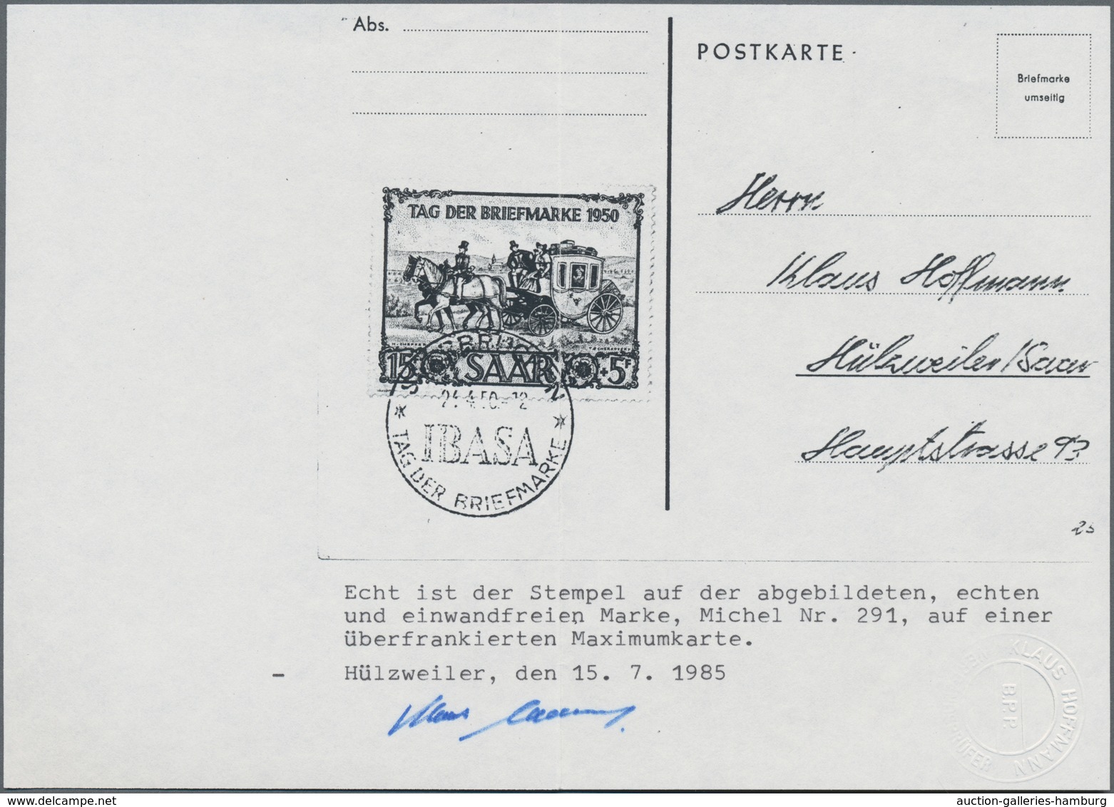 Saarland (1947/56): 1949/1950, 15+5 Fr "IBASA" auf Maxikarte mit Befund Schlegel und auf Brief mit 2