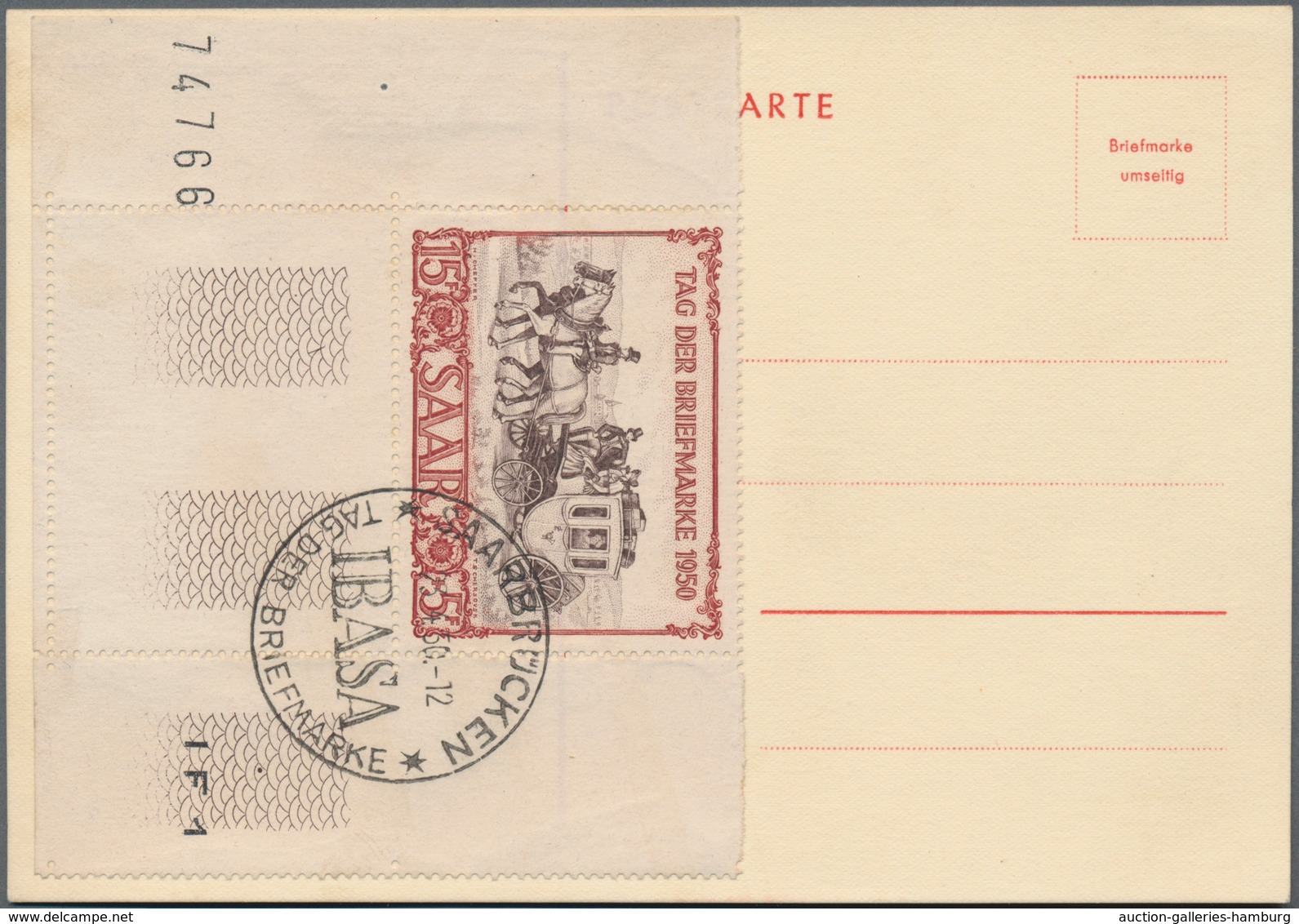 Saarland (1947/56): 1950, 15+5 Fr IBASA Aus Der Linken Unteren Bogenecke Mit Bogen-Nr. "74766" Und R - Unused Stamps