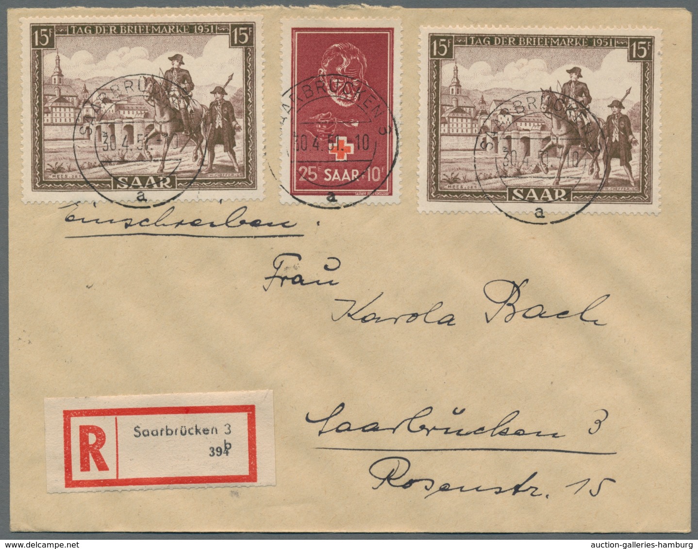 Saarland (1947/56): 1950, "Rotes Kreuz Und Zweimal Tag Der Marke" Als MiF Auf Portorichtigem Orts-R- - Unused Stamps