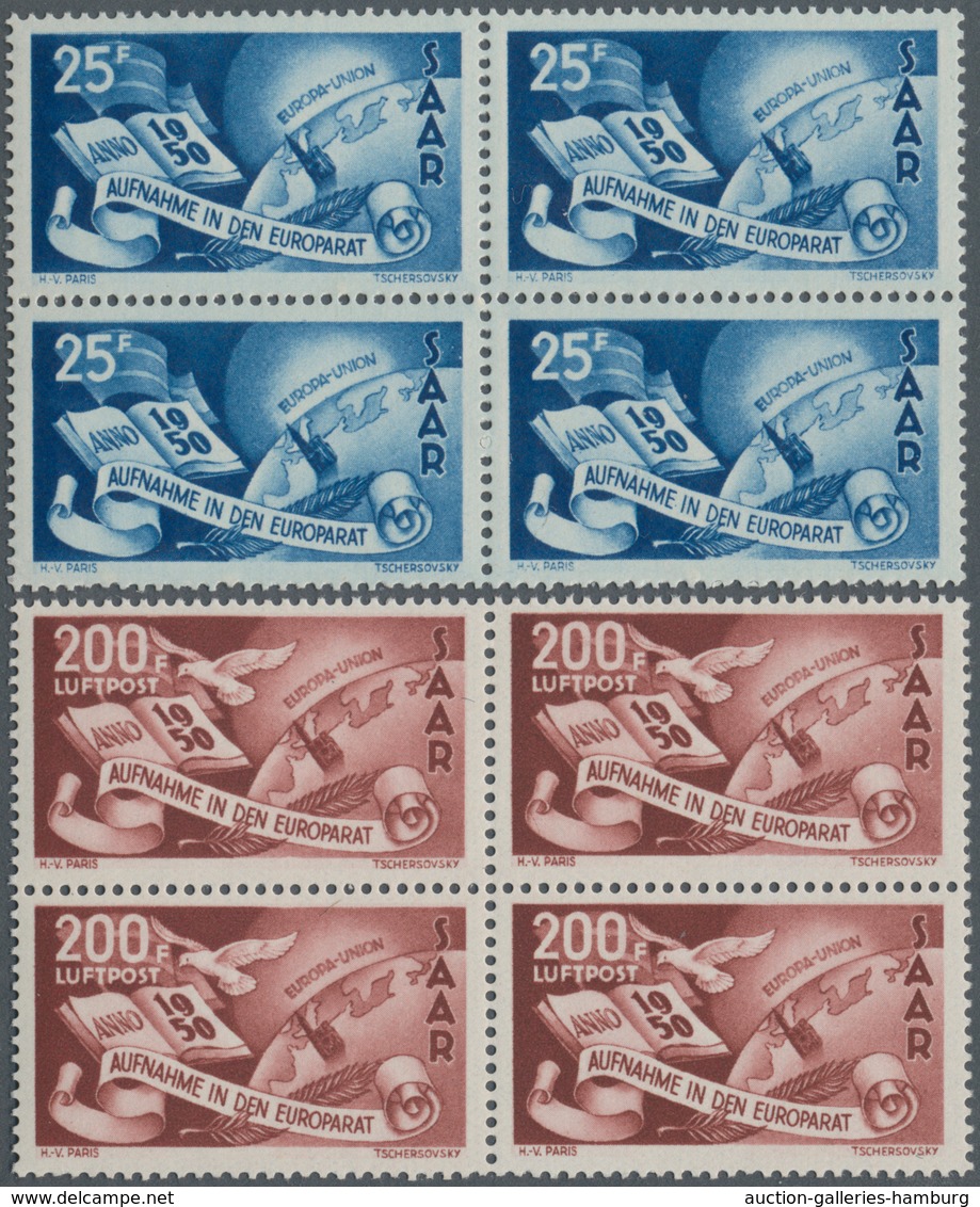 Saarland (1947/56): 1950, 25 Fr Und 200 Fr Europarat Je Im 4er-Block Postfrisch, Mi 880.- - Unused Stamps