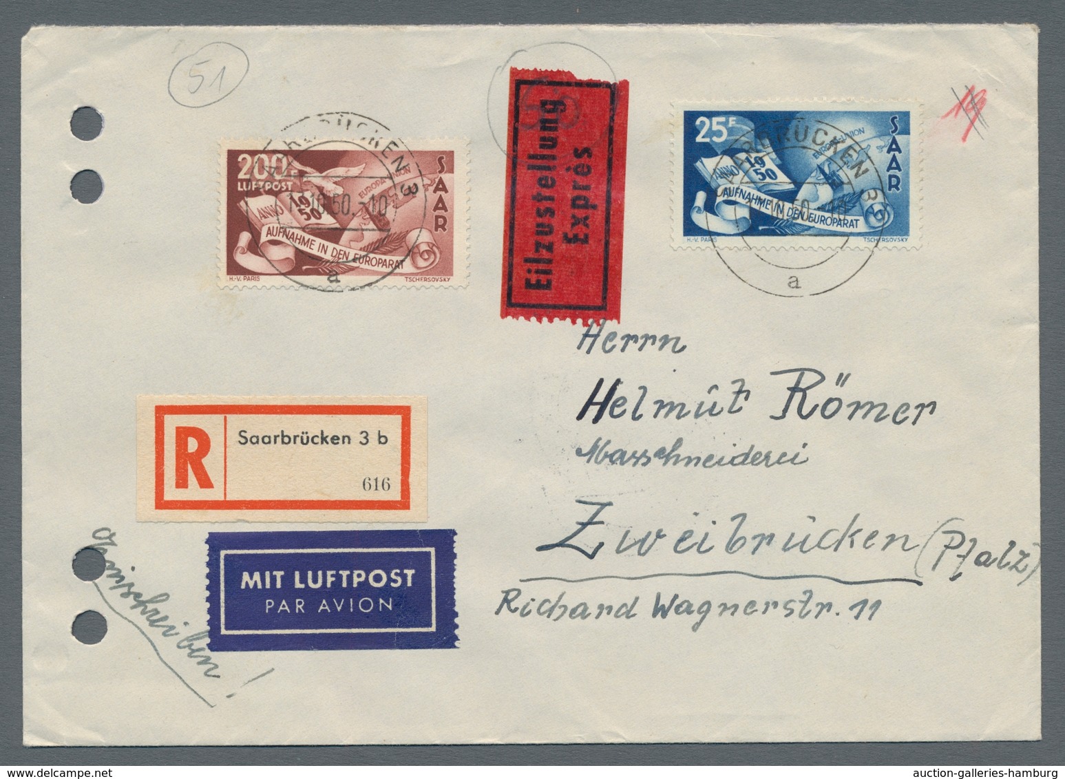 Saarland (1947/56): 1950, Europarat Auf Komplettem Satzbrief Per Luftpost Einschreiben Eilbote Wertb - Unused Stamps