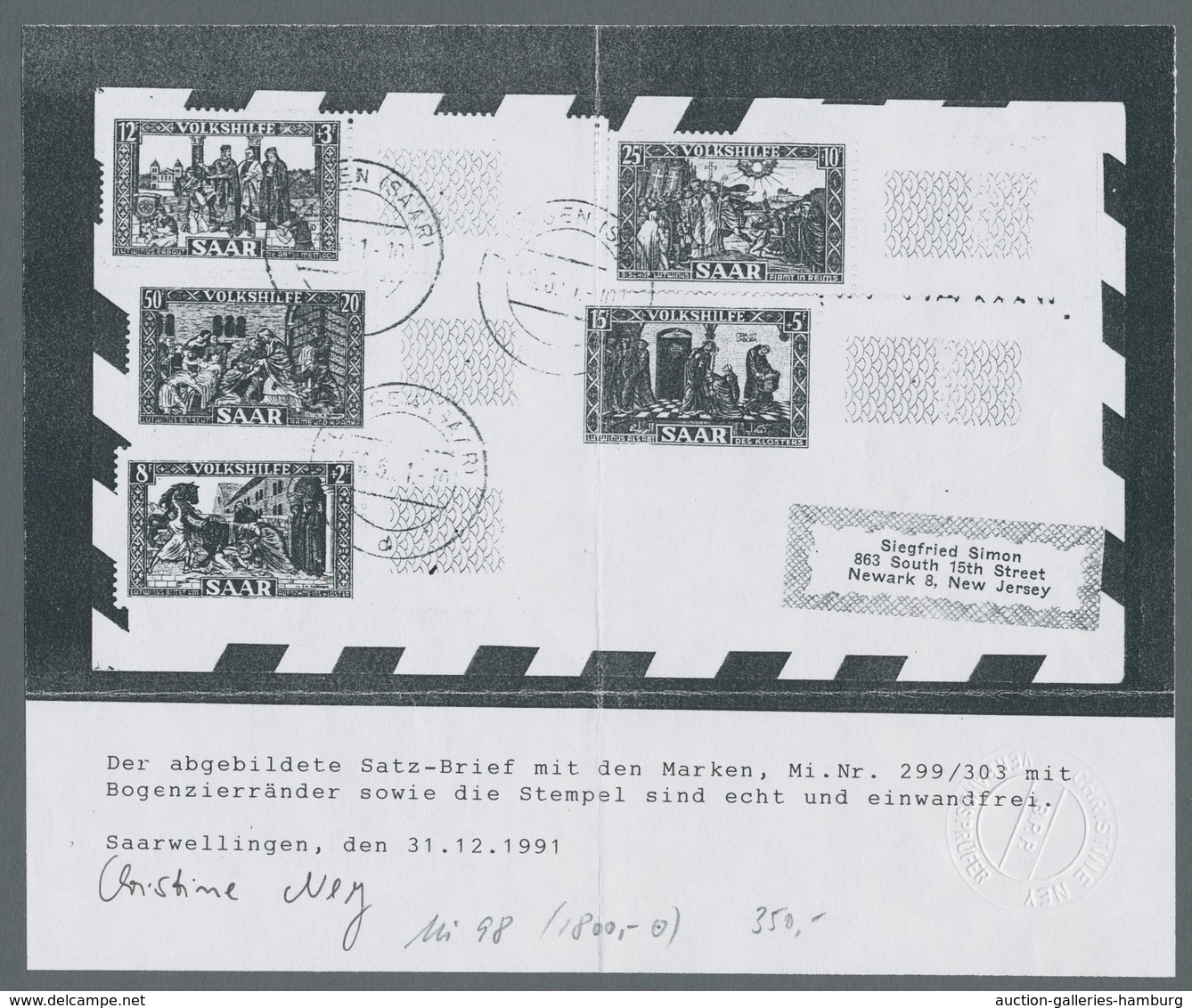 Saarland (1947/56): 1950, VOLKSHILFE Komplett Auf Satzbrief Teils Mit Leerfeldern Bzw. Mit Rechtem B - Ungebraucht