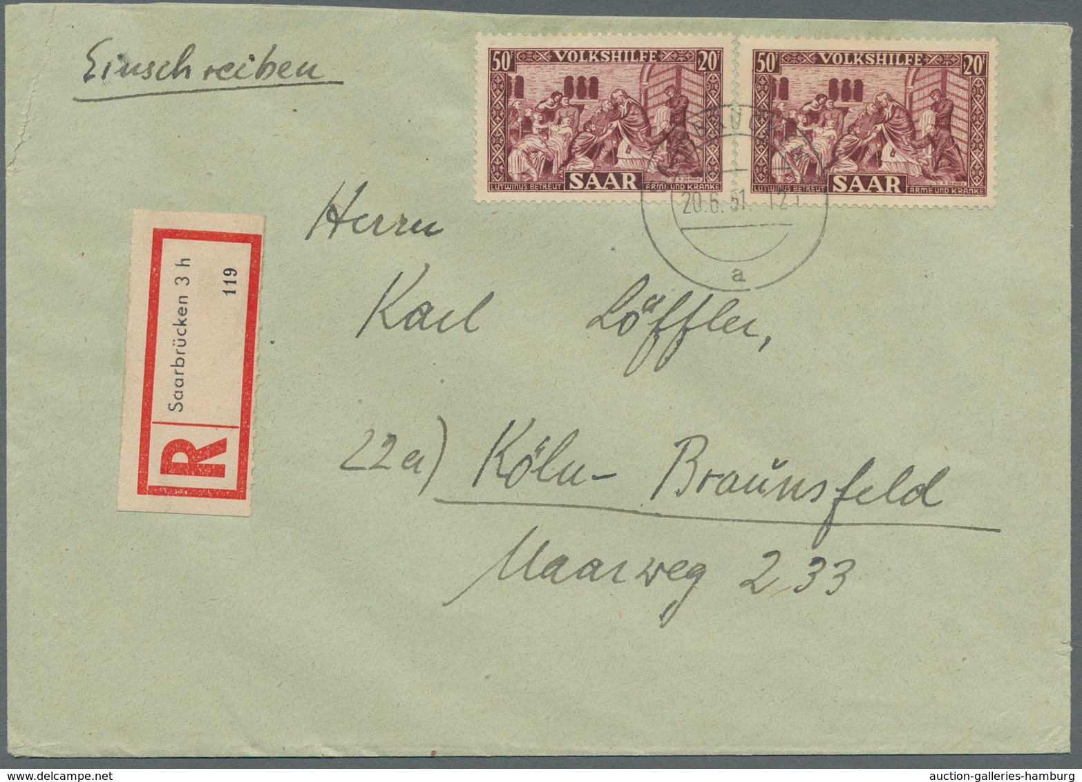 Saarland (1947/56): 1950, Volkshilfe 50+20 Franc Als Attraktive Mehrfachfrankatur Auf überfrankierte - Ungebraucht