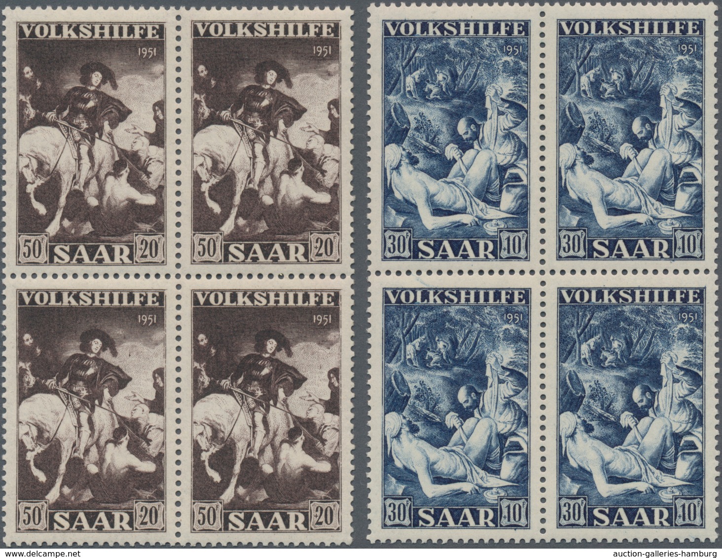 Saarland (1947/56): 1951, 12+3 Fr Bis 50+20 Fr Volkshilfe - 2 Kpl. 4er-Block-Sätze Postfrisch, Mi 52 - Ungebraucht