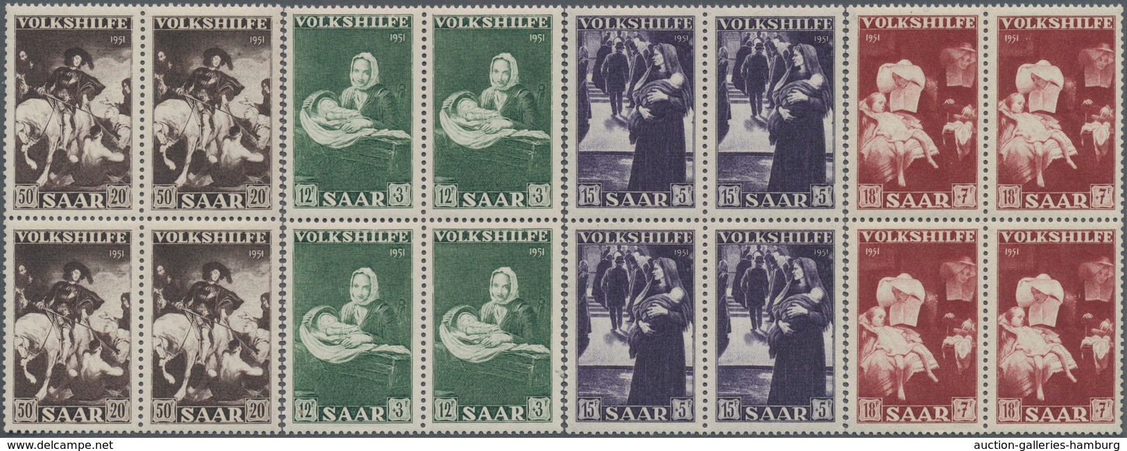 Saarland (1947/56): 1951, 12+3 Fr Bis 50+20 Fr Volkshilfe - 2 Kpl. 4er-Block-Sätze Postfrisch, Mi 52 - Unused Stamps