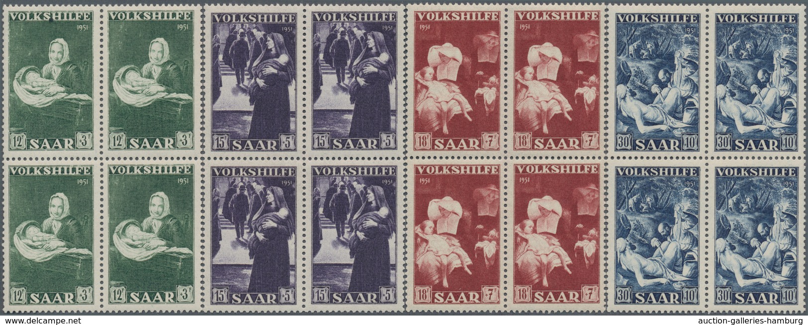 Saarland (1947/56): 1951, 12+3 Fr Bis 50+20 Fr Volkshilfe - 2 Kpl. 4er-Block-Sätze Postfrisch, Mi 52 - Ungebraucht