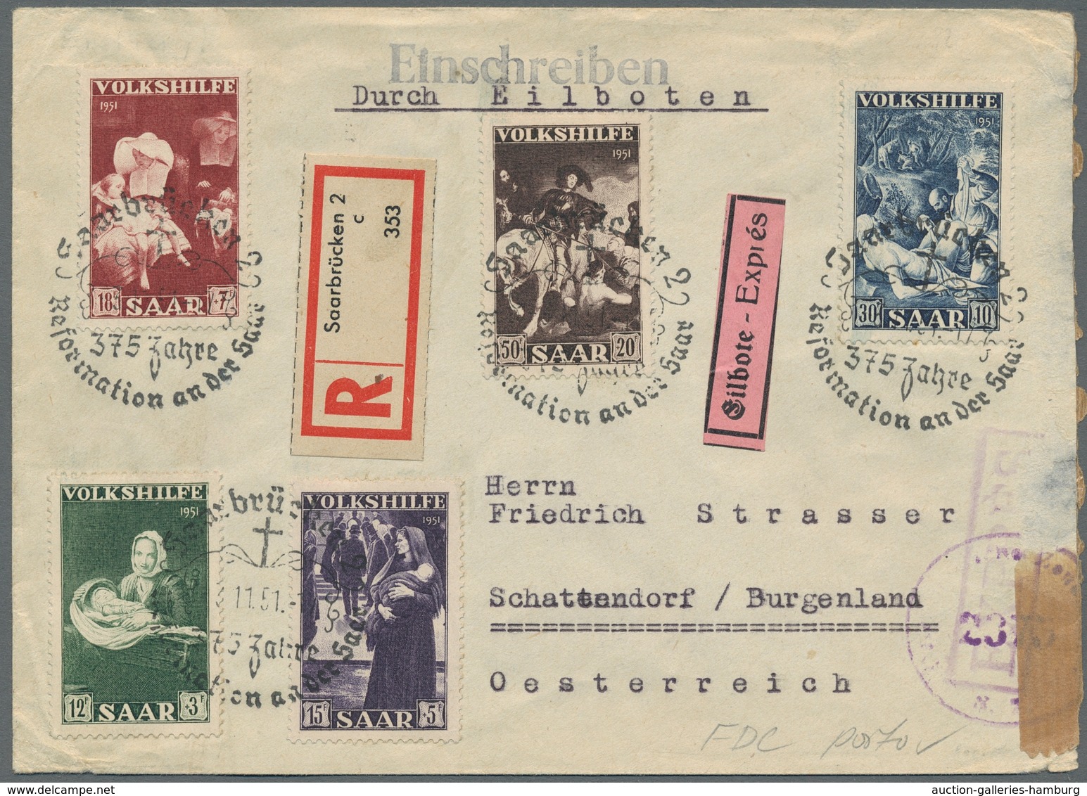 Saarland (1947/56): 1951, Volkshilfe Der Komplette Satz Mit Zufrankatur Auf Portorichtigem Eingeschr - Unused Stamps