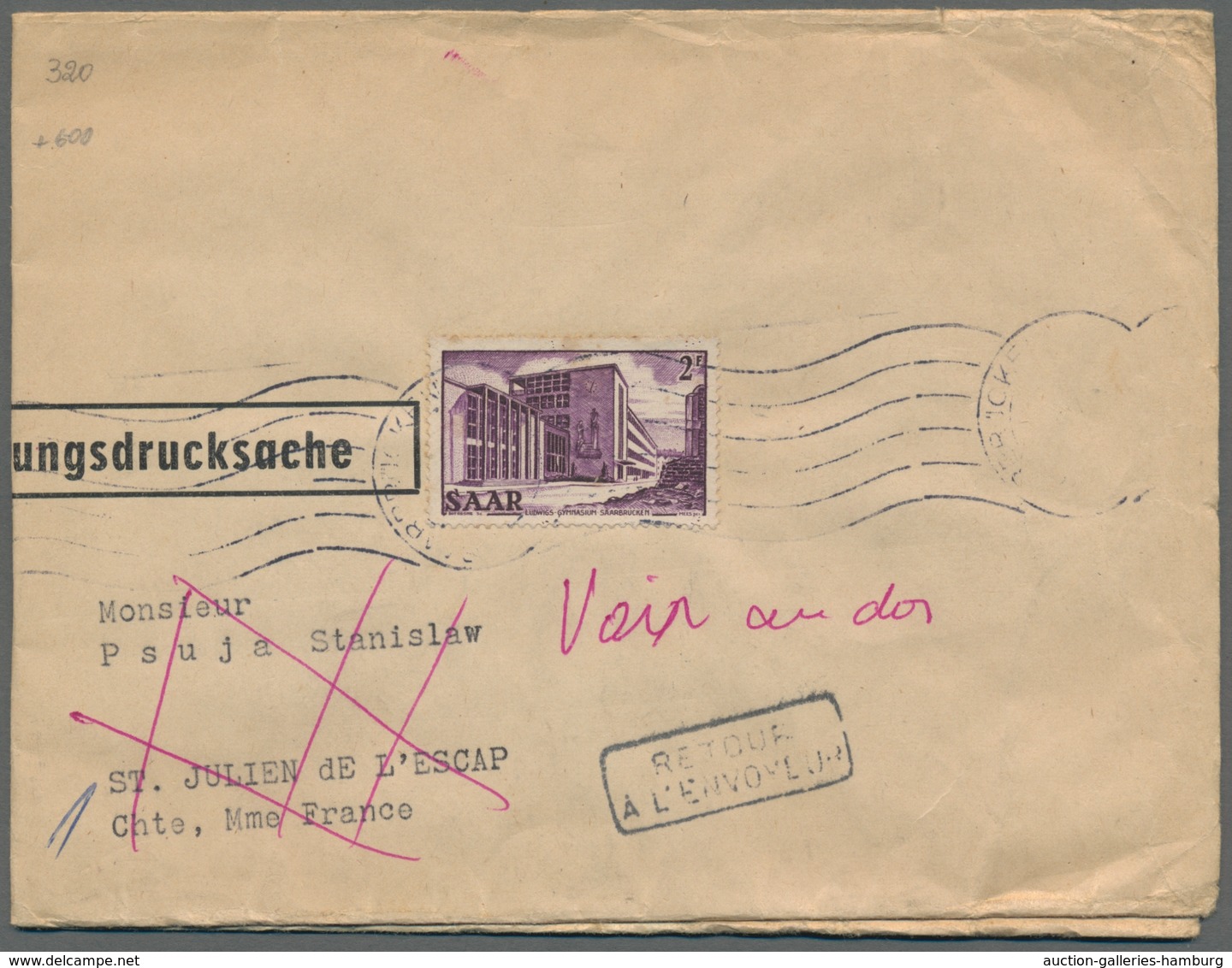 Saarland (1947/56): 1952, "2 Fr. Saar V" Als Portorichtige EF Auf Sehr Seltener "Verbilligter Zeitun - Unused Stamps