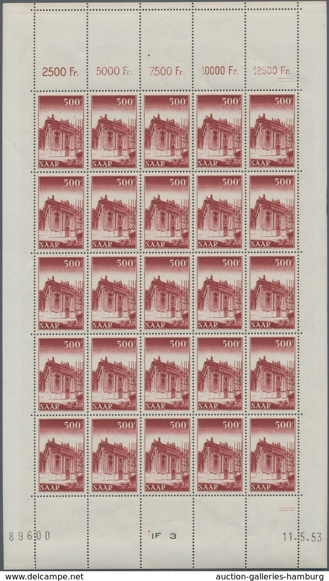 Saarland (1947/56): 1953, 500 Fr Ludwigskirche Im Postfrischen Originalbogen Mit Bogen-Nr. Und Druck - Ungebraucht