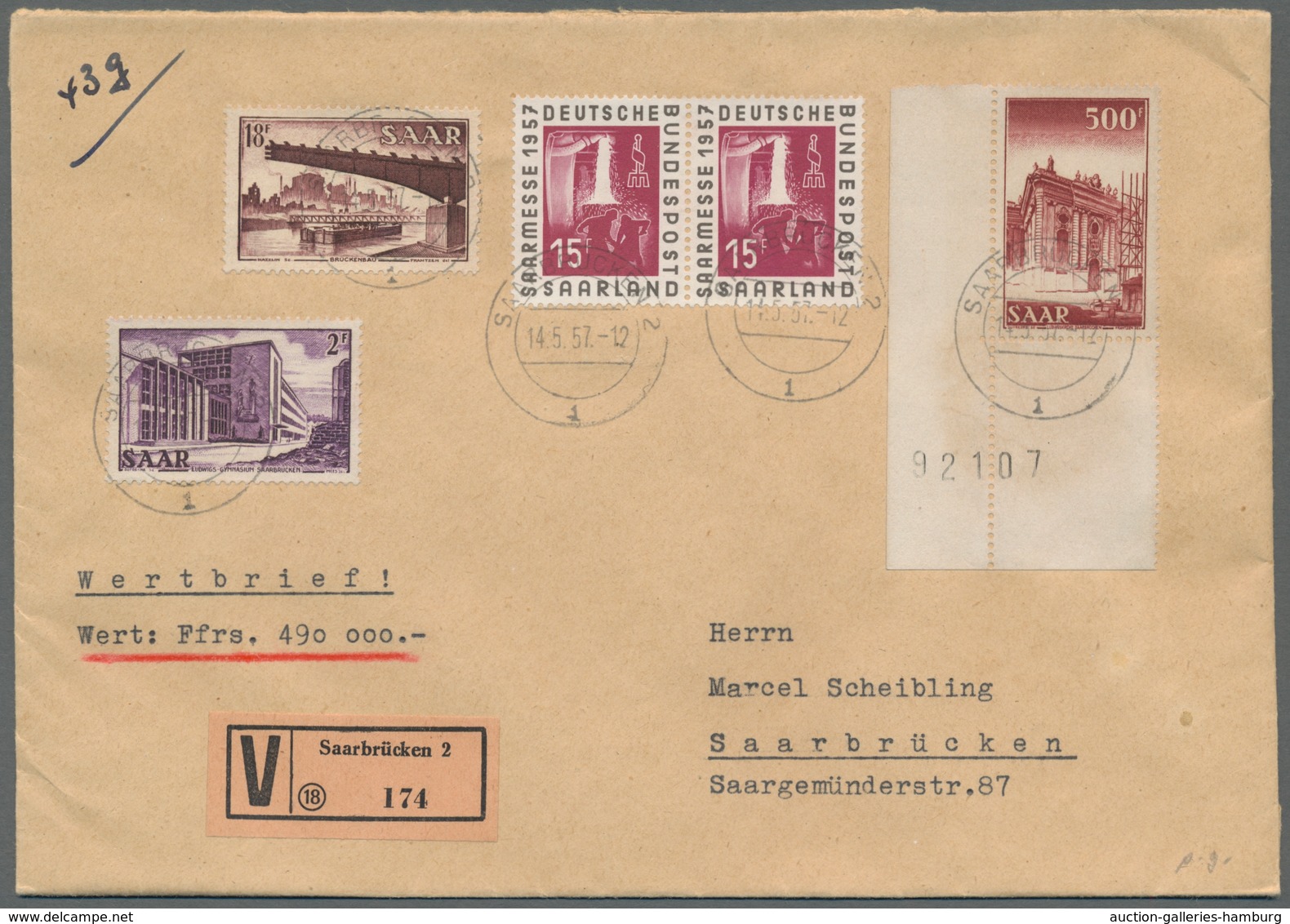 Saarland (1947/56): 1953, "500 Fr. Ludwigskirche Mit Maschinennummer", Bogenecke Mit Zusatzfrankatur - Unused Stamps