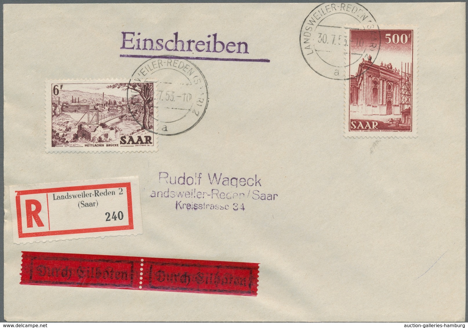 Saarland (1947/56): 1953, Mettlach Und Luwigskirche Auf VORERSTTAGSBRIEF Als Ortseinschreiben Per Ei - Ungebraucht