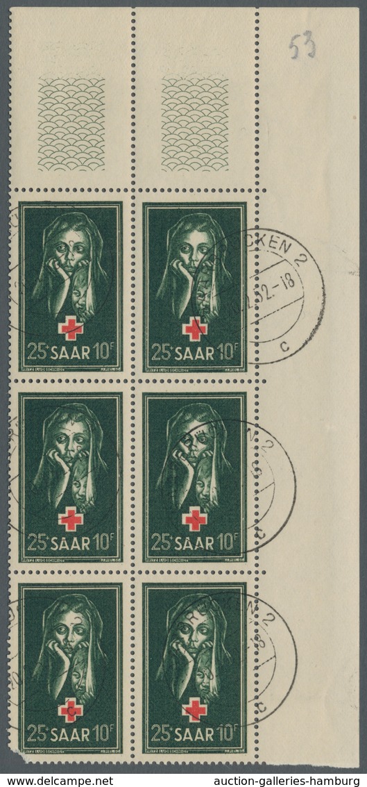 Saarland (1947/56): 1951, "Rotes Kreuz Mit Druckdatum", Eckrandviererblock Mit Zusätzlich Zweimal Du - Ungebraucht