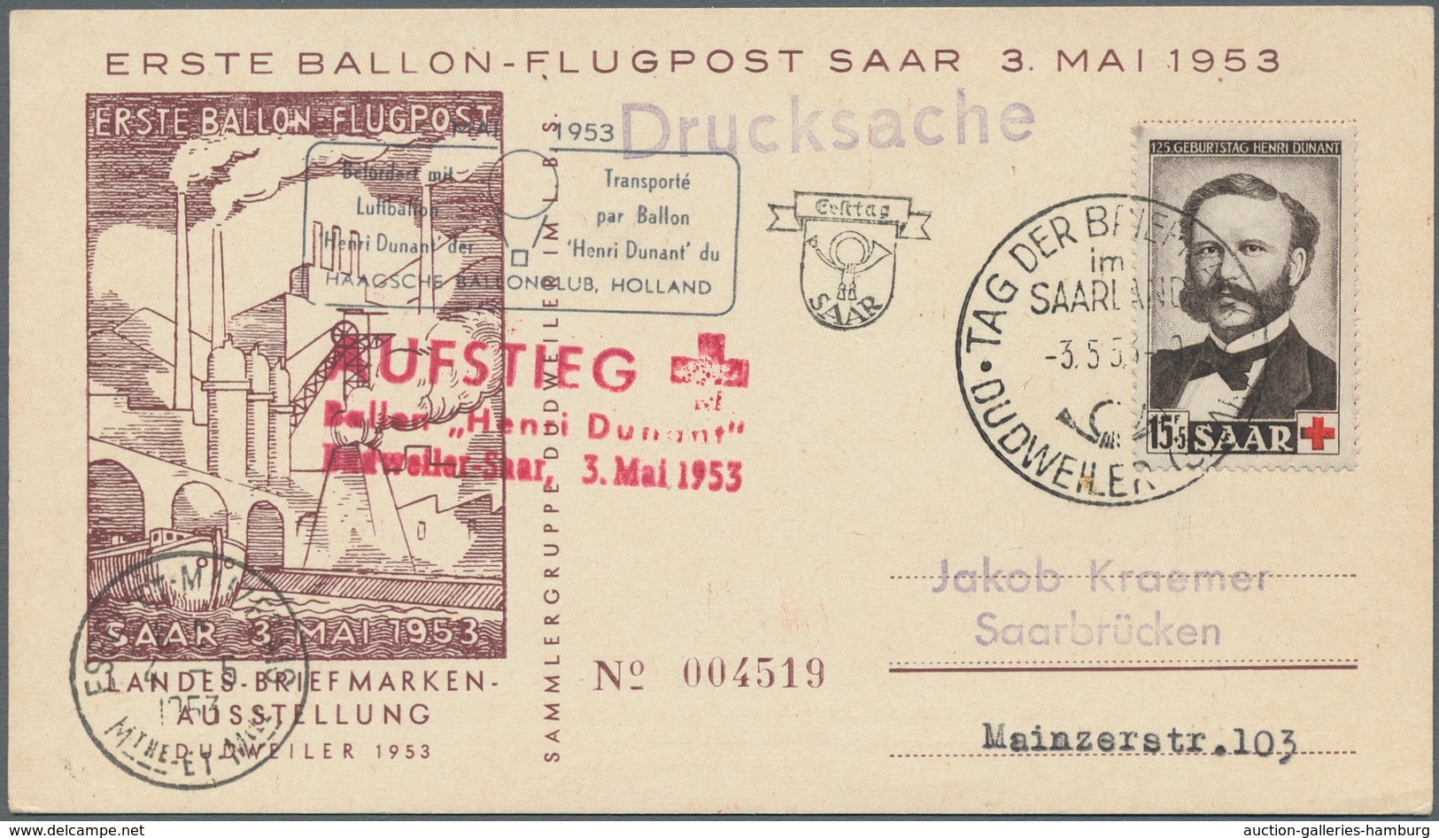 Saarland (1947/56): 1953, "Henri Dunant", Sieben Ersttagskarten, Alle Per Ballonpost Befördert, Deko - Ungebraucht