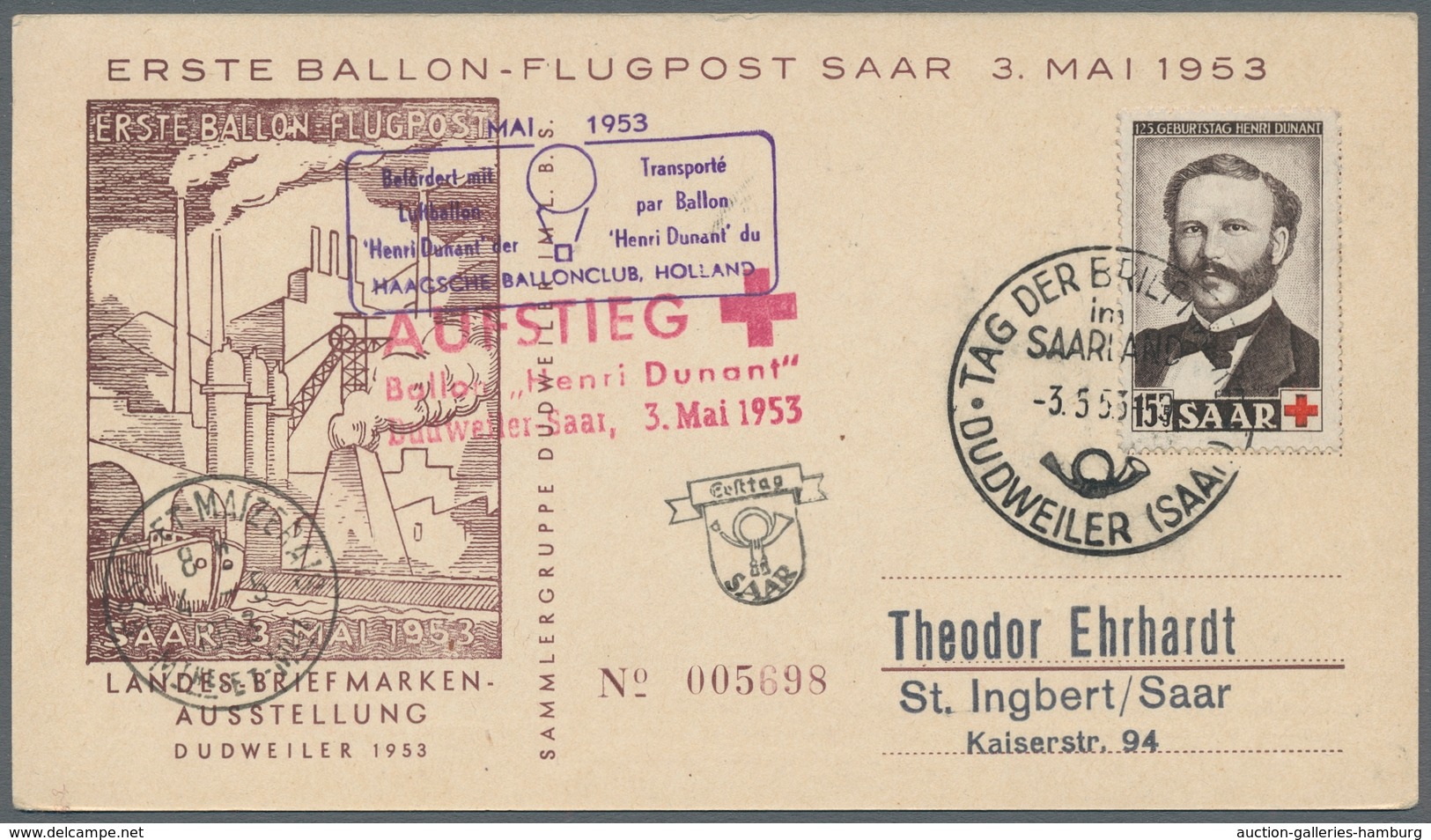 Saarland (1947/56): 1953, "Henri Dunant", Sieben Ersttagskarten, Alle Per Ballonpost Befördert, Deko - Unused Stamps