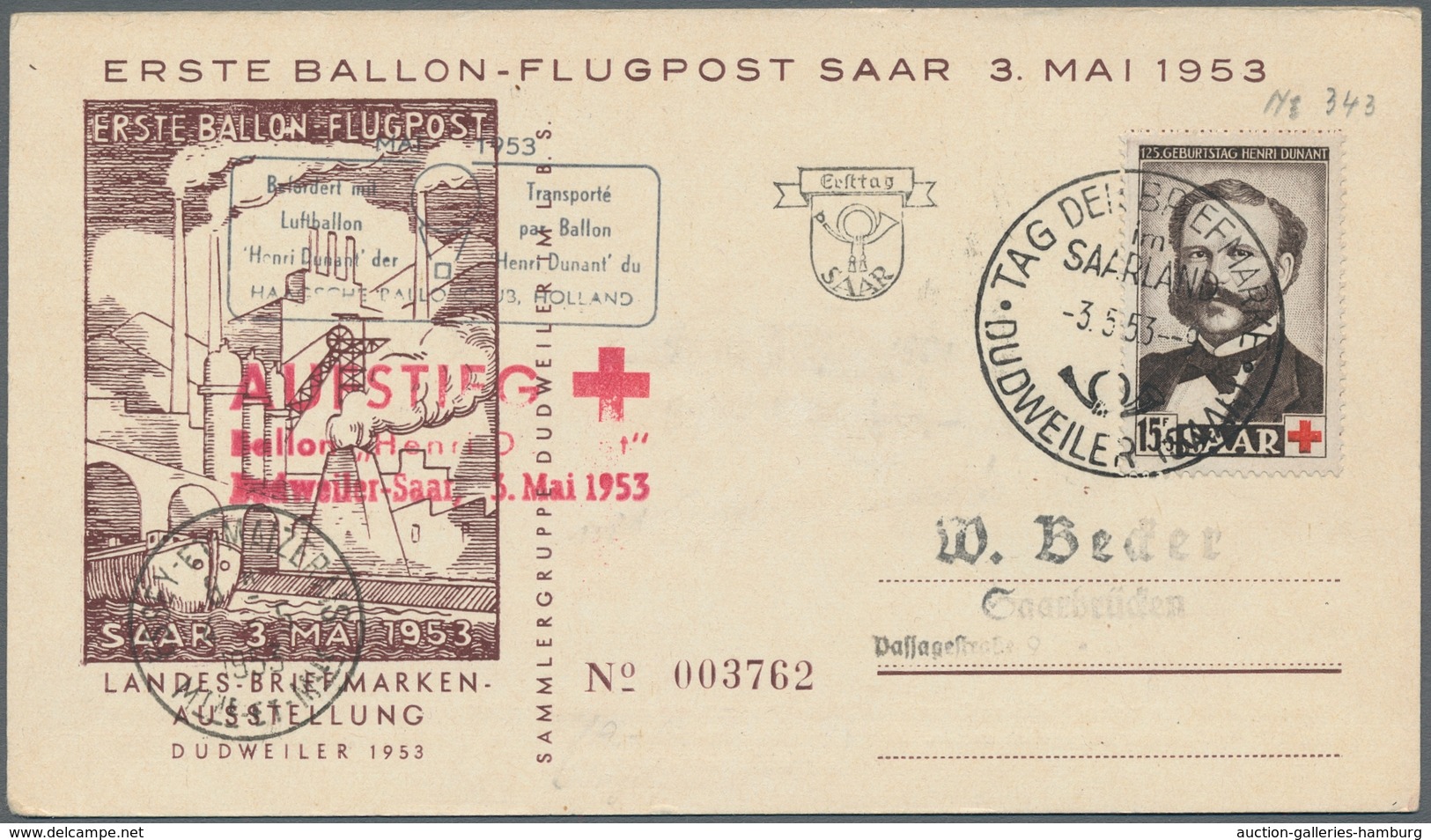 Saarland (1947/56): 1953, "Henri Dunant", Sieben Ersttagskarten, Alle Per Ballonpost Befördert, Deko - Ungebraucht