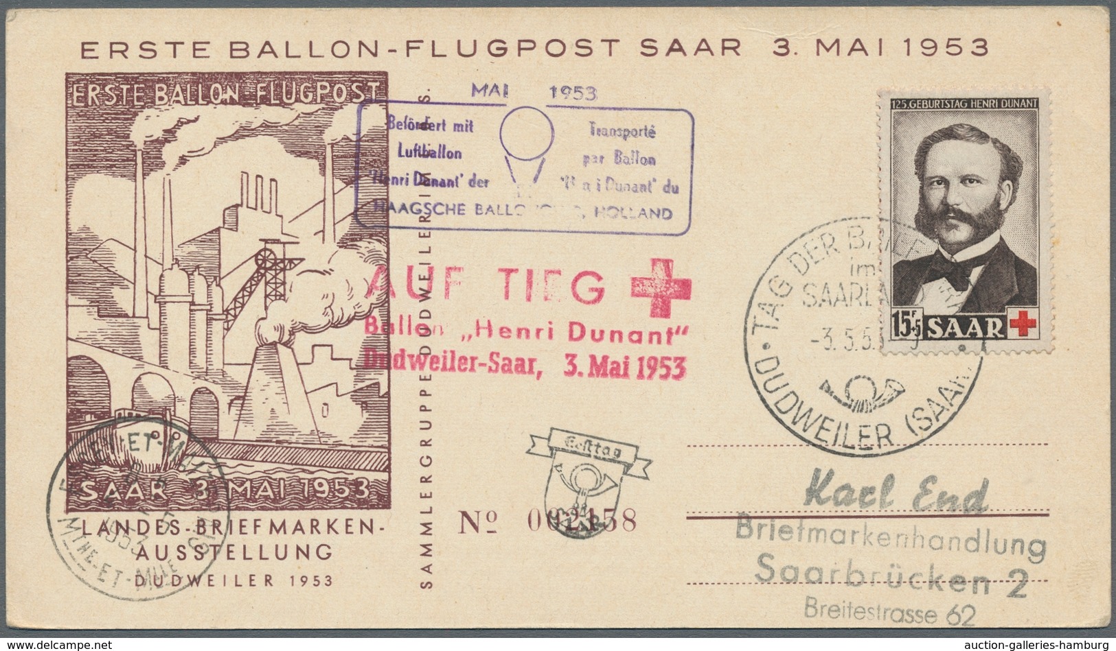 Saarland (1947/56): 1953, "Henri Dunant", sieben Ersttagskarten, alle per Ballonpost befördert, deko