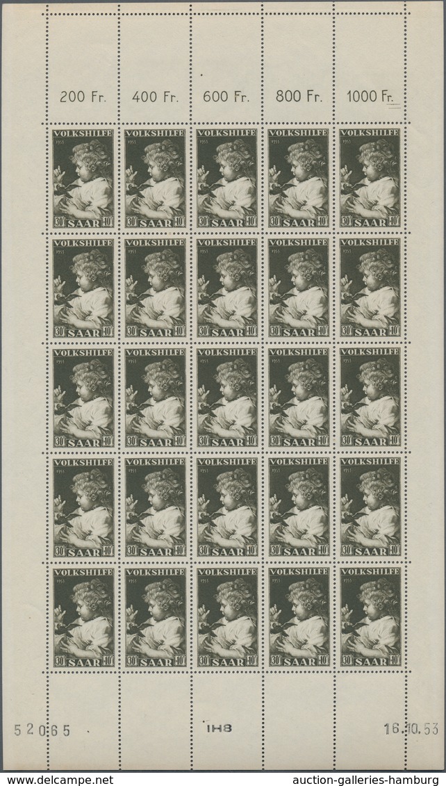 Saarland (1947/56): 1953, Volkshilfe Kpl. BOGENSATZ Mit Je 25 Stück Incl. Bogen-Nummern Und Druckdat - Unused Stamps