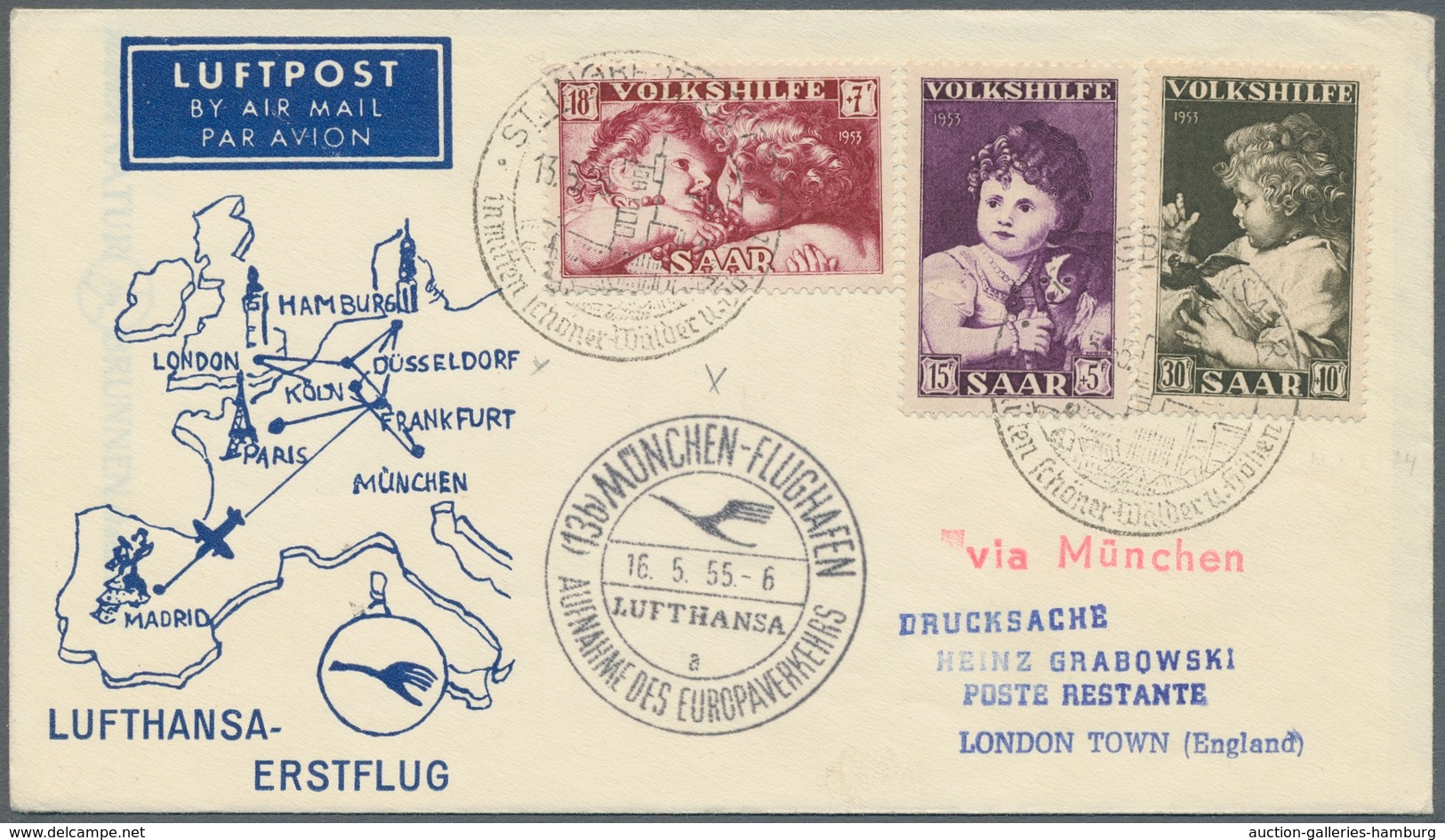 Saarland (1947/56): 1955, Volkshilfe 1953 Auf Lufthansa-Erstflugbrief, In Dieser Form Zum Glück Sehr - Ungebraucht