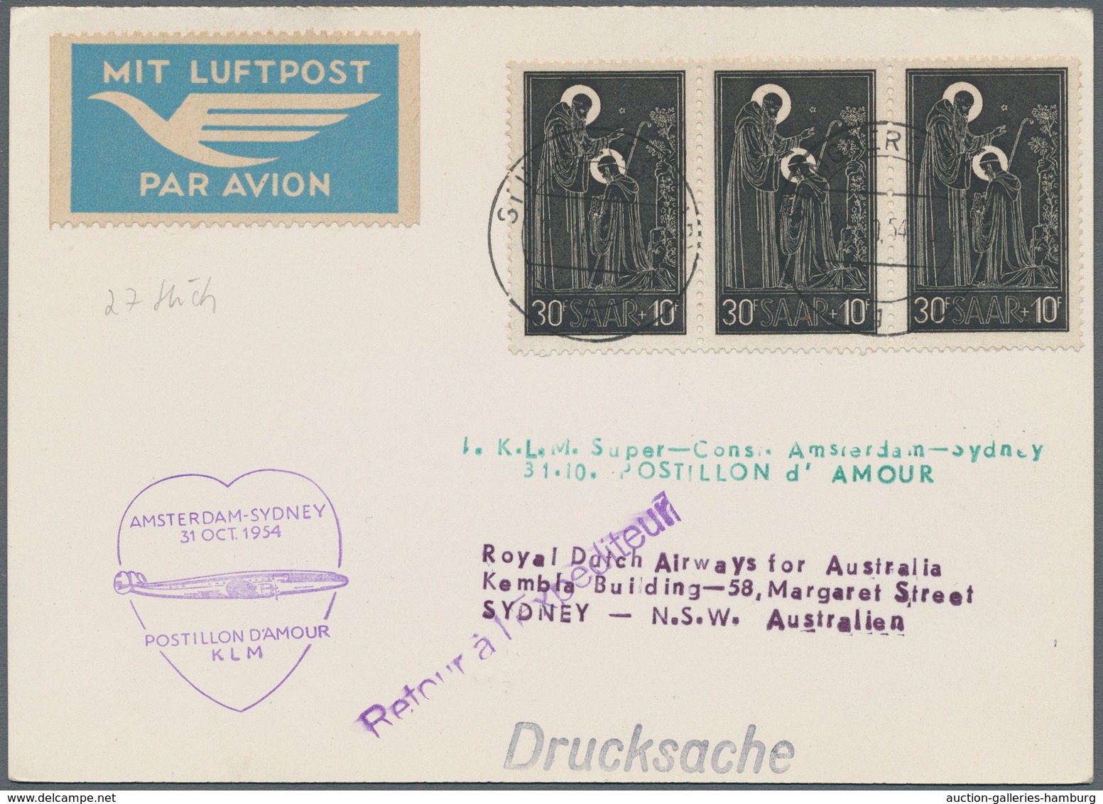 Saarland (1947/56): 1954, Zwei Luftpostbriefe Amsterdam-Sydney, Einmal Frankiert "Abtei Tholey" Per - Unused Stamps