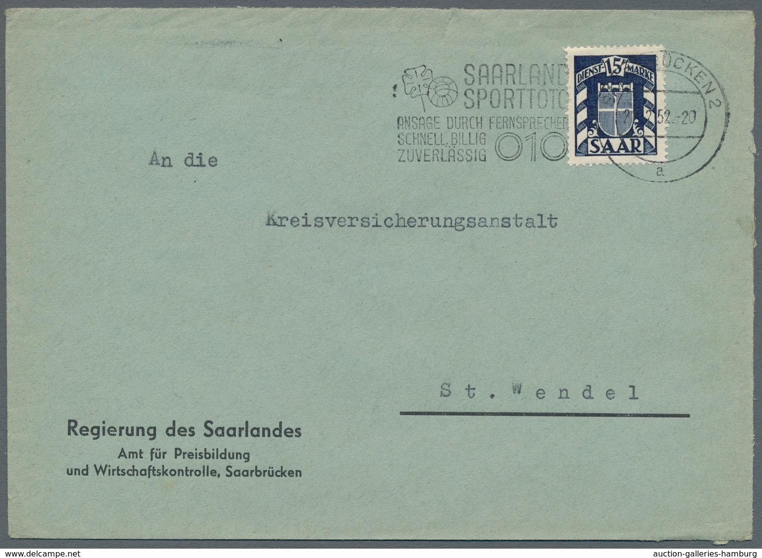 Saarland (1947/56) - Dienstmarken: 1950-53 (ca.), 13 Einzelfrankaturen der 15Fr, saubere Qualität