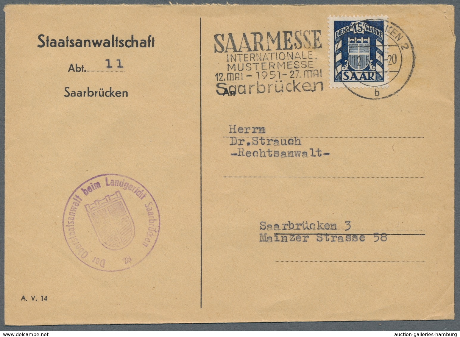 Saarland (1947/56) - Dienstmarken: 1950-53 (ca.), 13 Einzelfrankaturen der 15Fr, saubere Qualität