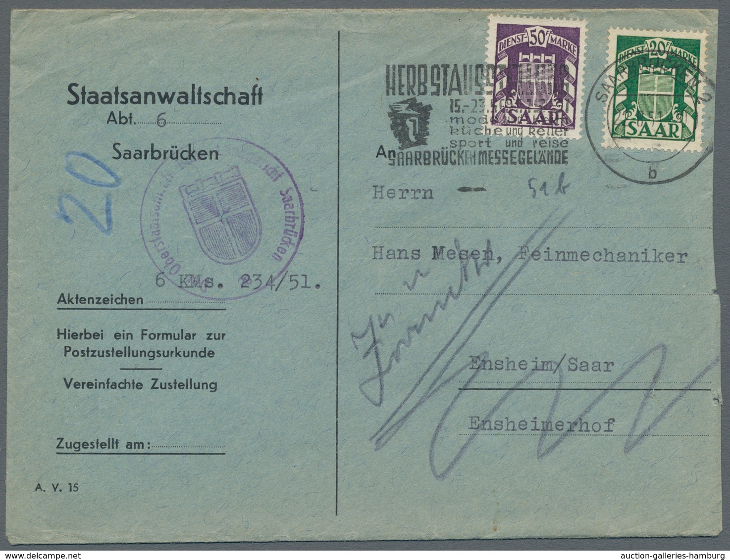 Saarland (1947/56) - Dienstmarken: 1950-51 (ca.), Neun Belege, Meist 20+50Fr Frankiert, Alle Mit Mas - Sonstige & Ohne Zuordnung