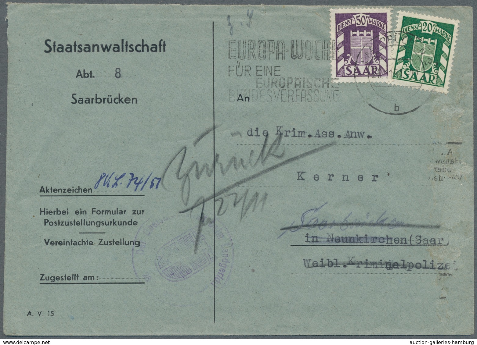Saarland (1947/56) - Dienstmarken: 1950-51 (ca.), neun Belege, meist 20+50Fr frankiert, alle mit Mas