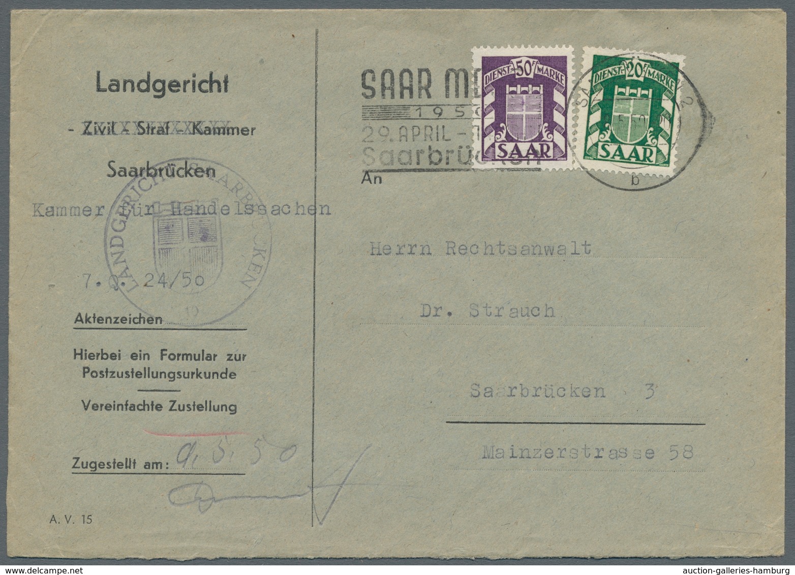 Saarland (1947/56) - Dienstmarken: 1950-51 (ca.), neun Belege, meist 20+50Fr frankiert, alle mit Mas