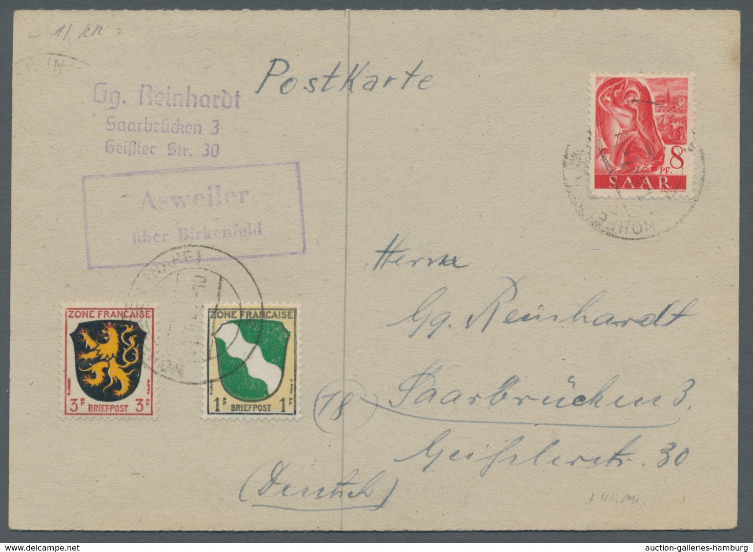 Saarland (1947/56) - Besonderheiten: "Asweiler über Birkenfeld", Klarer Abschlag Des Landpoststempel - Sonstige & Ohne Zuordnung