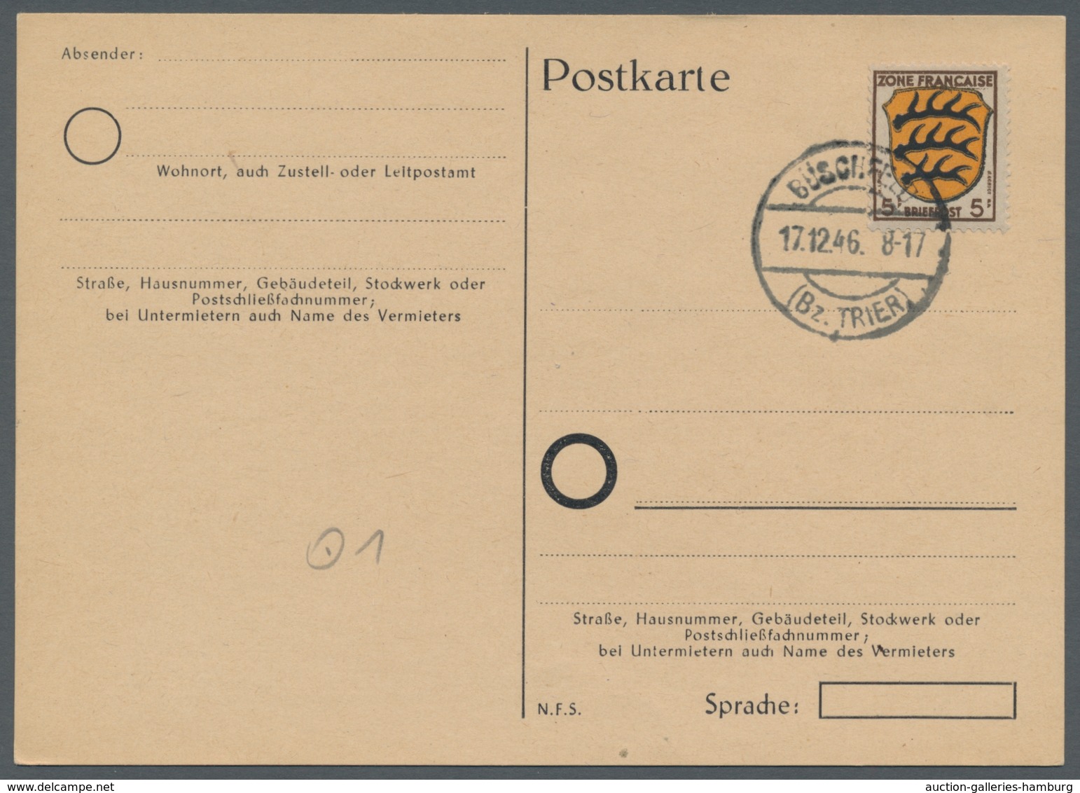Saarland (1947/56) - Besonderheiten: BÜSCHELFELD (Bz. TRIER) 17.12.46, Blankostempel Auf Vorfrankier - Other & Unclassified