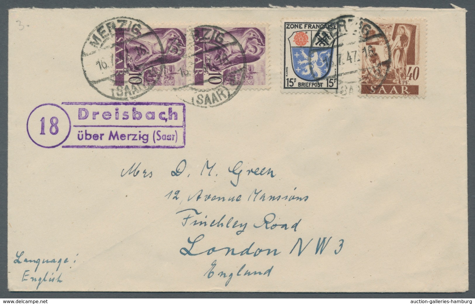 Saarland (1947/56) - Besonderheiten: "(18) Dreisbach über Merzig (Saar)", Klarer Abschlag Des Landpo - Sonstige & Ohne Zuordnung