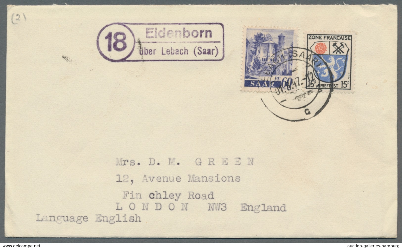 Saarland (1947/56) - Besonderheiten: "(18) Eidenborn über Lebach (Saar)", Klarer Abschlag Des Landpo - Other & Unclassified