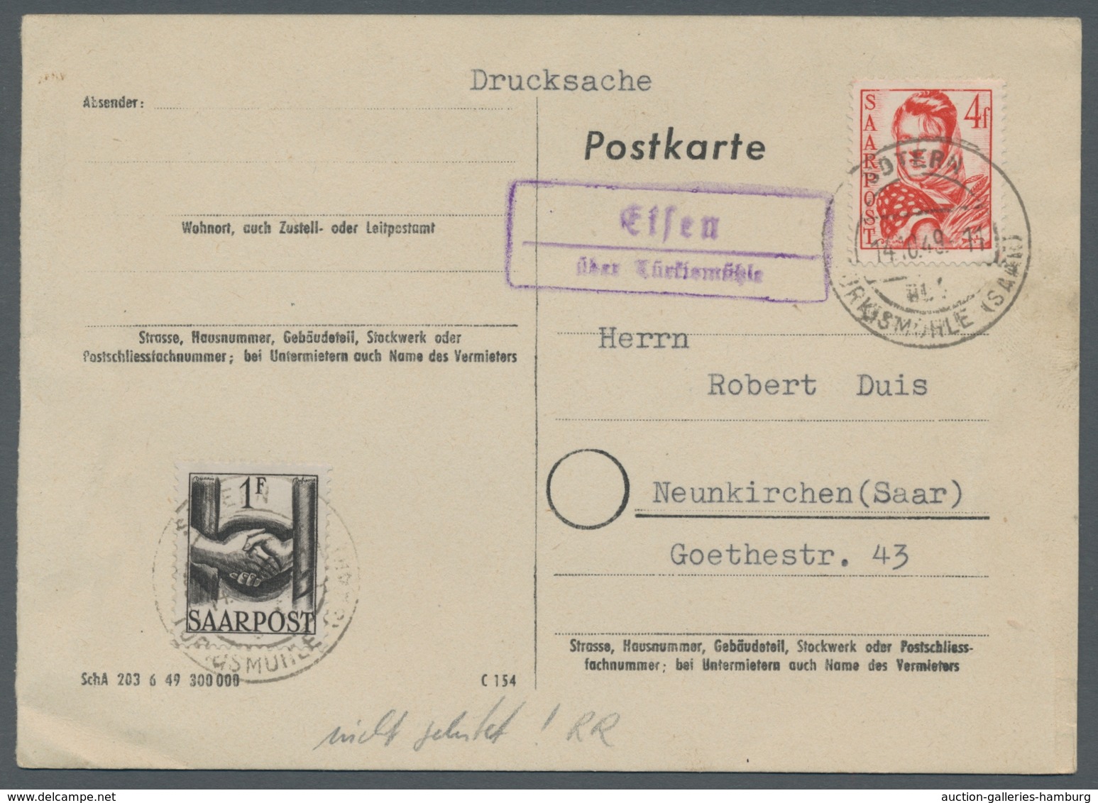 Saarland (1947/56) - Besonderheiten: "Eisen über Türkismühle", Klarer Abschlag Des Landpoststempels - Other & Unclassified