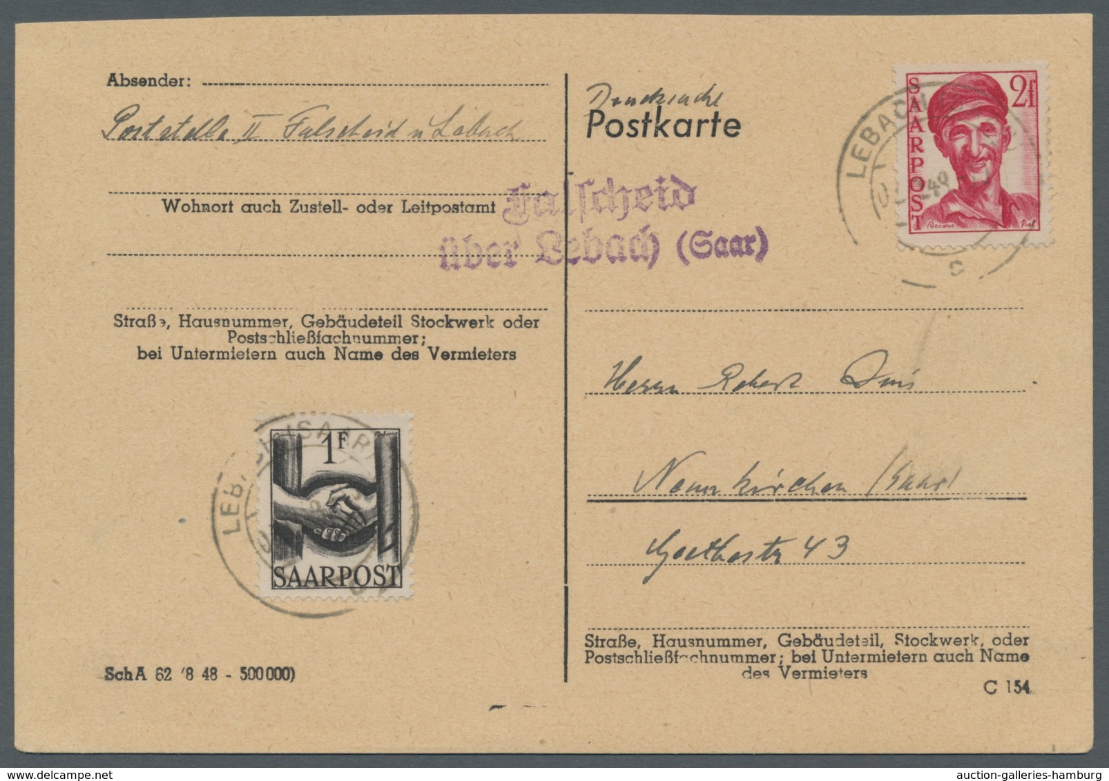 Saarland (1947/56) - Besonderheiten: "Falscheid über Lebach (Saar)", Klarer Abschlag Des Landpostste - Sonstige & Ohne Zuordnung