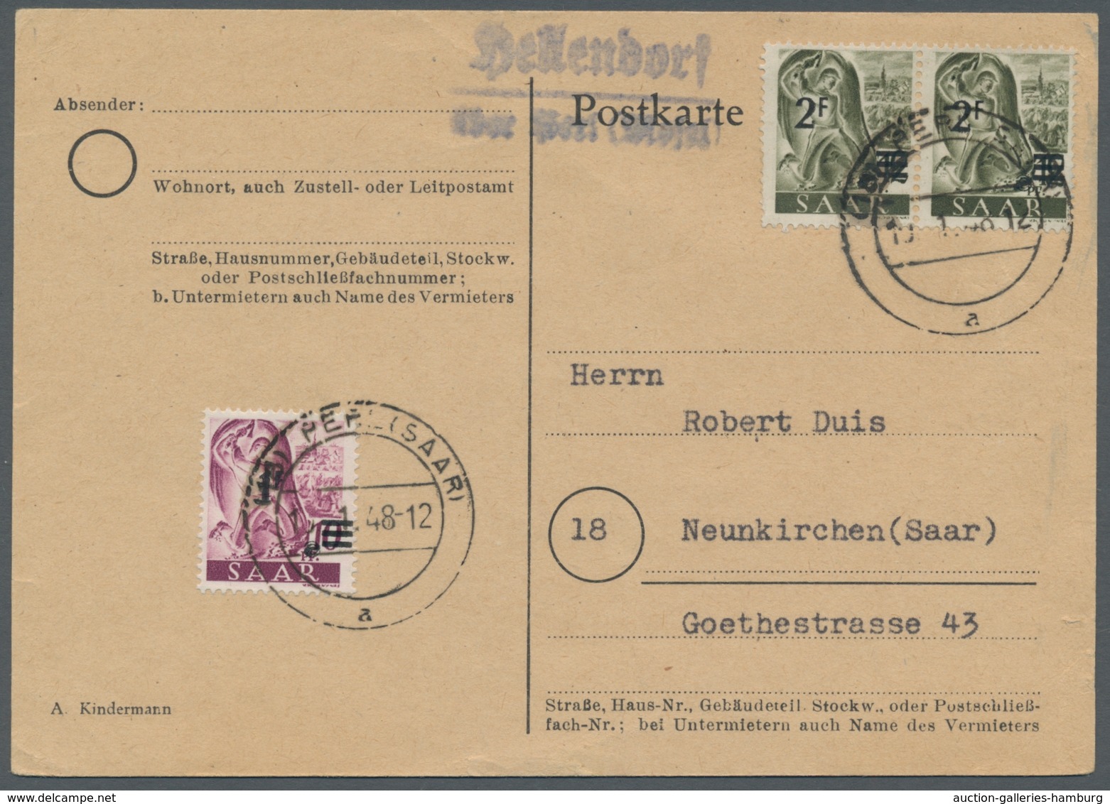 Saarland (1947/56) - Besonderheiten: "Hellendorf über Perl (Saar)", Klarer Abschlag Des Landpoststem - Other & Unclassified