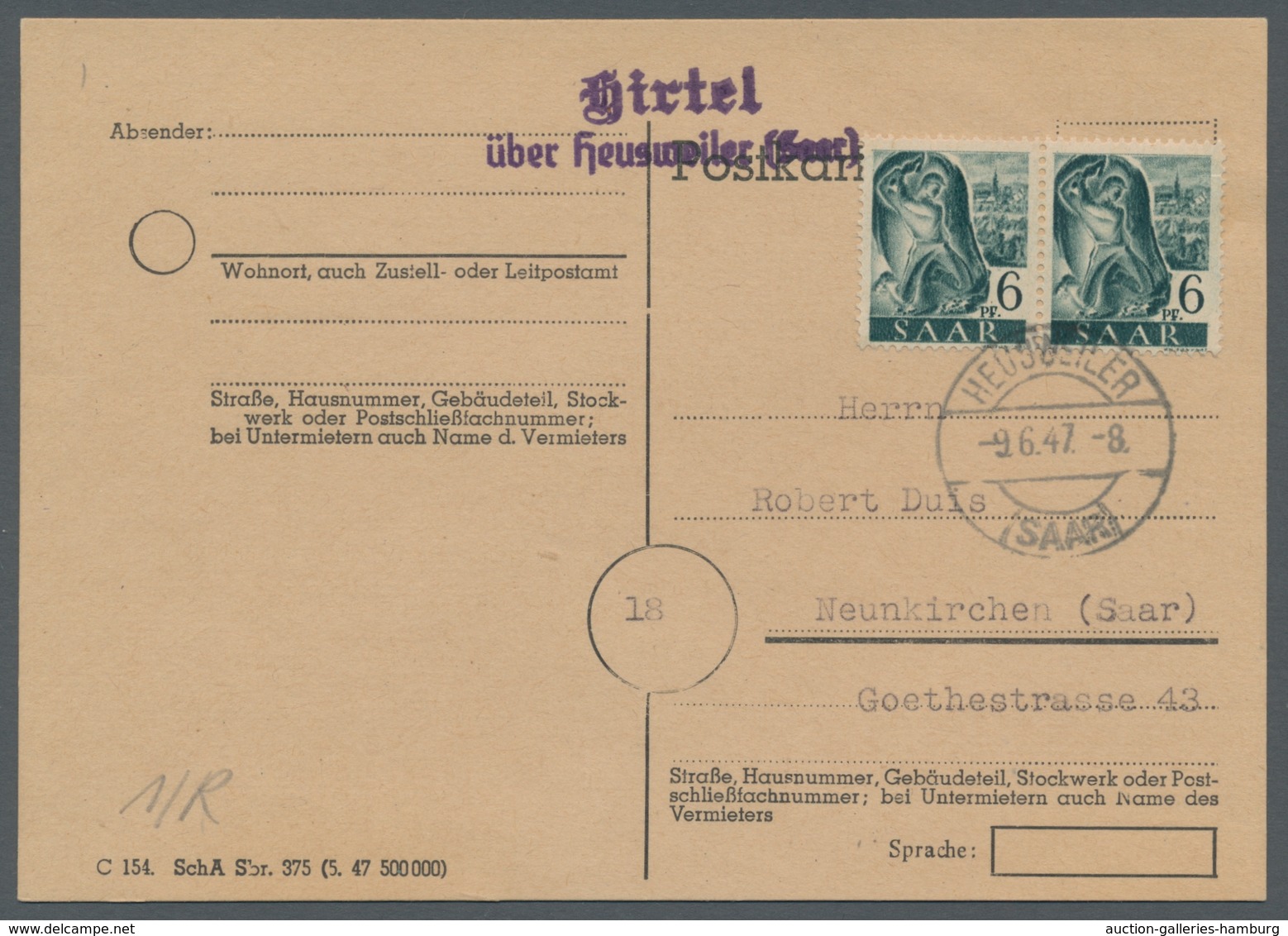 Saarland (1947/56) - Besonderheiten: "Hirtel über Heusweiler (Saar)", Klarer Abschlag Des Landpostst - Sonstige & Ohne Zuordnung