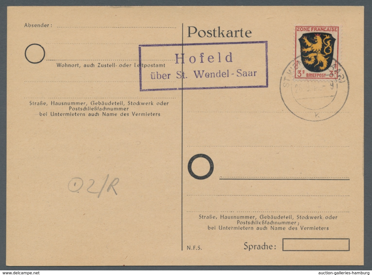 Saarland (1947/56) - Besonderheiten: "Hofeld über St. Wendel - Saar", Klarer Abschlag Des Landpostst - Sonstige & Ohne Zuordnung