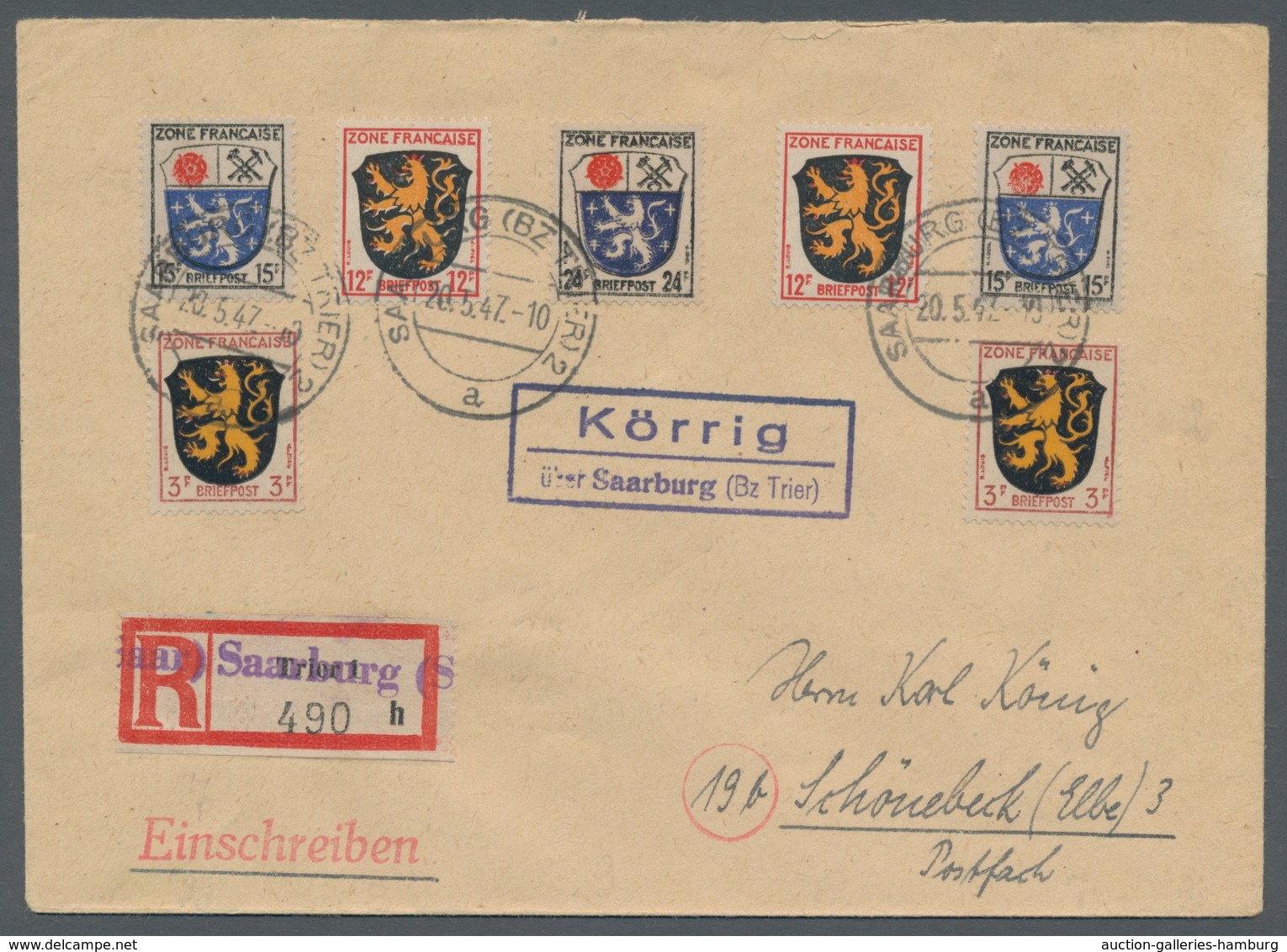 Saarland (1947/56) - Besonderheiten: "Körrig / über Saarburg (Bz. Trier)", Glasklarer Abschlag Des L - Sonstige & Ohne Zuordnung